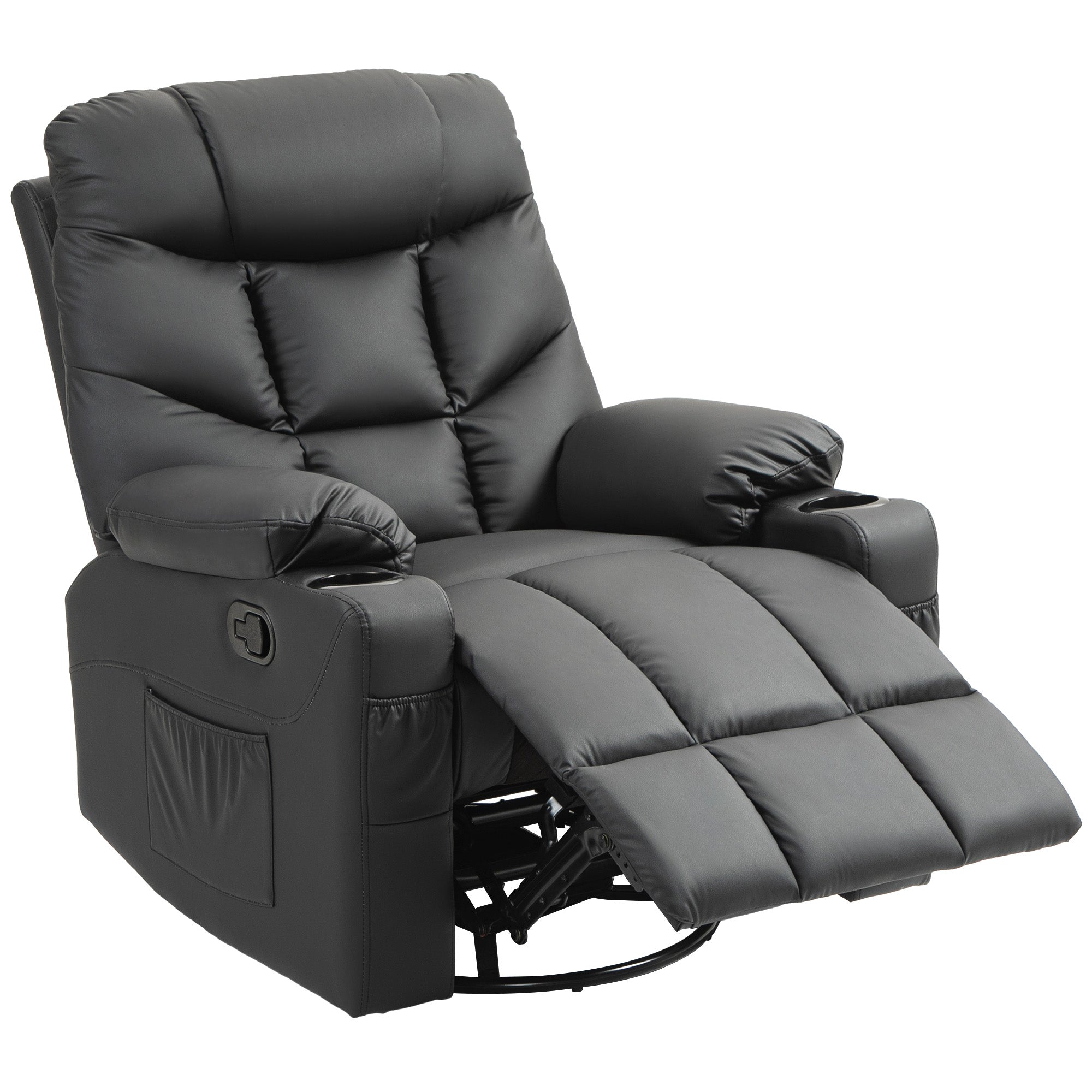 HOMCOM Recliner Armchair, Swivel PU Leather Manual Reclining Chair with Adjustable Leg Rest, Drink Holders, Side Pockets, Rocker Chair for Home Living Room, Black