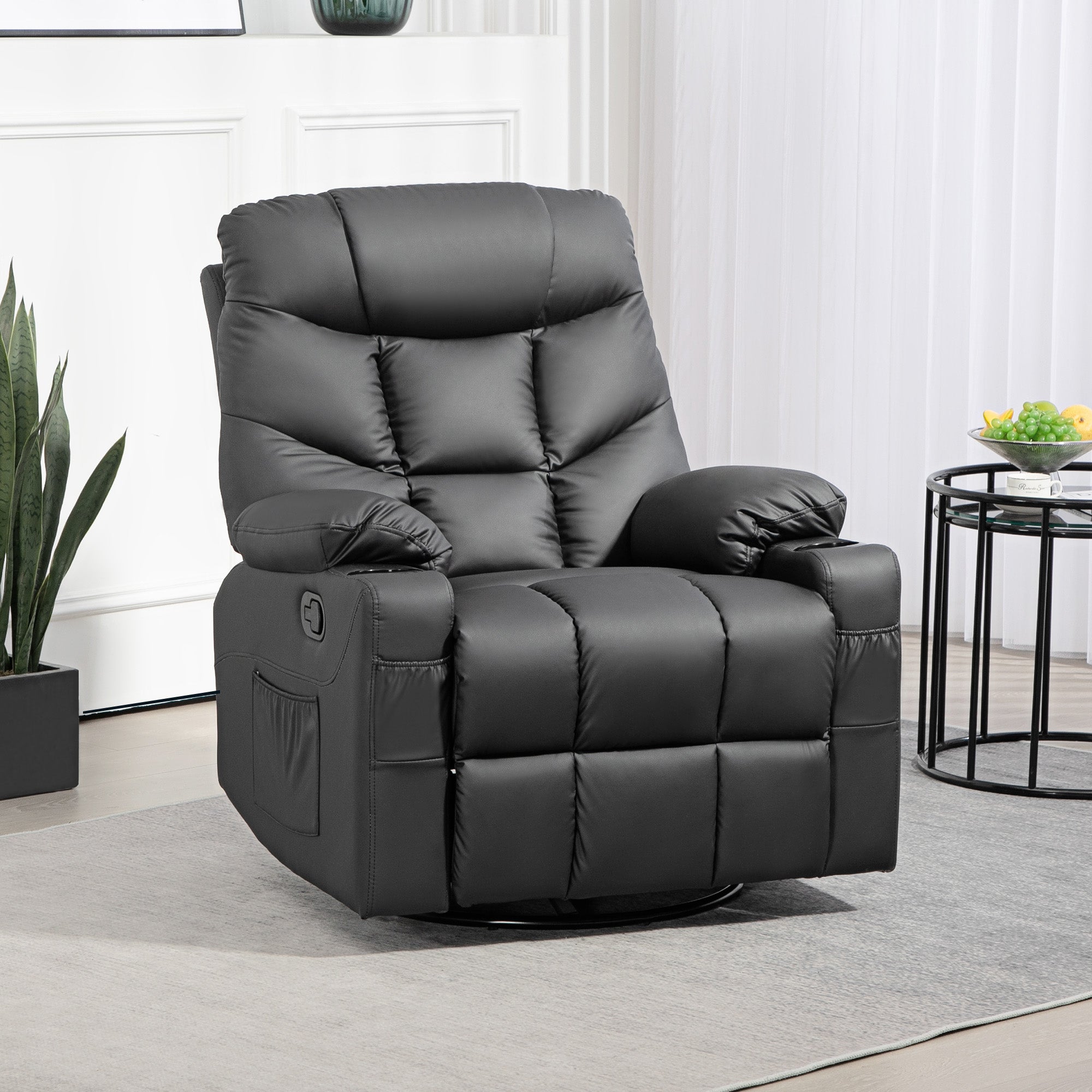 HOMCOM Recliner Armchair, Swivel PU Leather Manual Reclining Chair with Adjustable Leg Rest, Drink Holders, Side Pockets, Rocker Chair for Home Living Room, Black