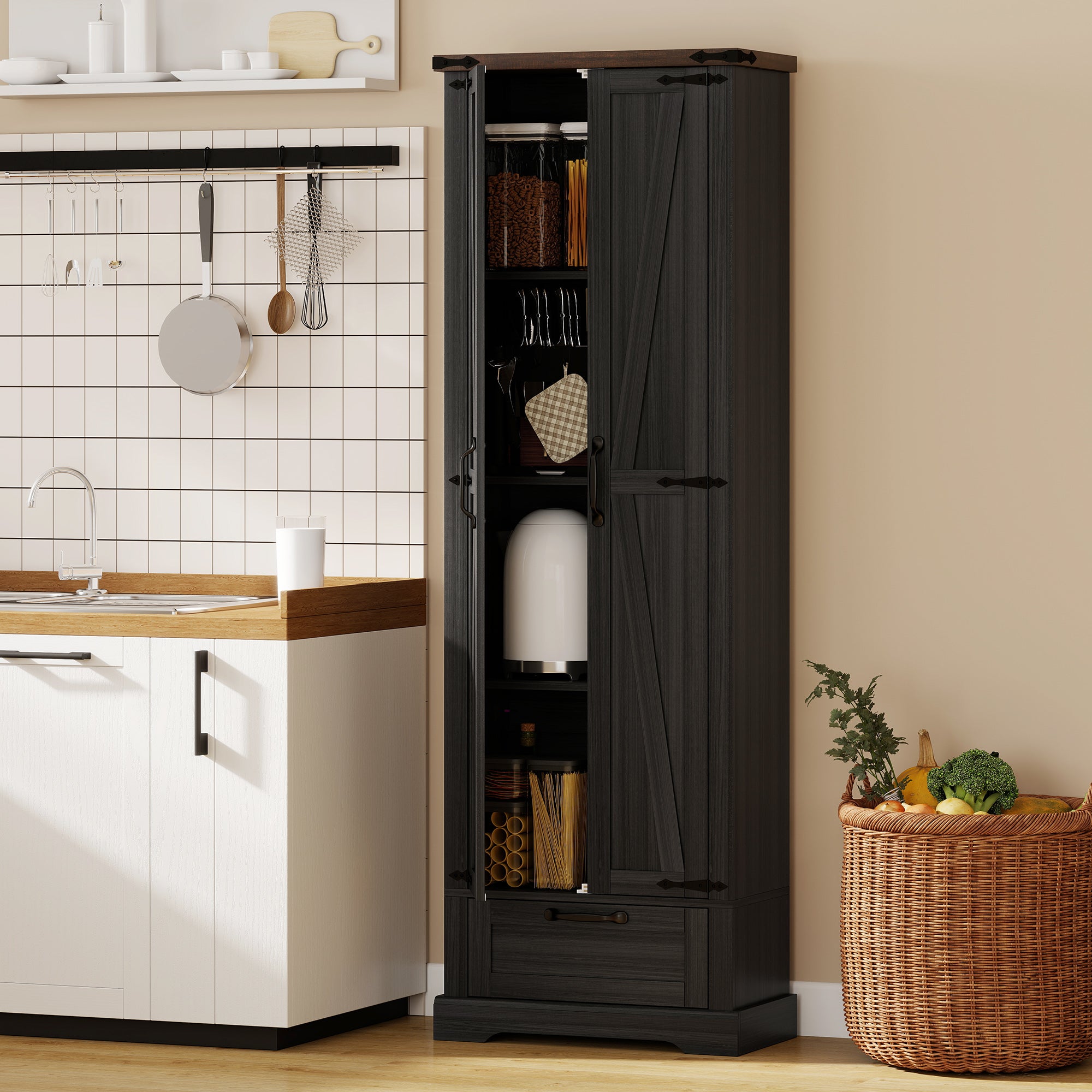 71" Tall Kitchen Pantry, Farmhouse Storage Cabinet with Barn Doors, Drawer and Adjustable Shelves, Freestanding Food Pantry Cabinet for Kitchen, Dining Room, Black