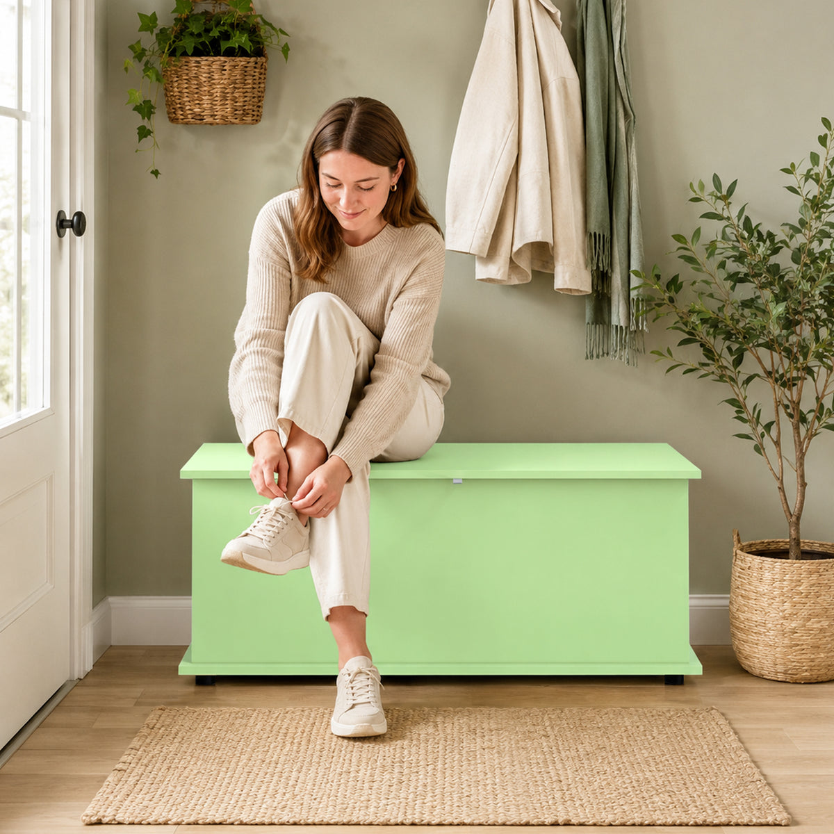 Storage Chest, Large 114L Blanket Box, Shoe Bench with Safety Hinged Lid, Storage Trunk, Bed End Bench for Bedroom, Hallway, Living room, Playroom, 100 x 40 x 40cm, Green