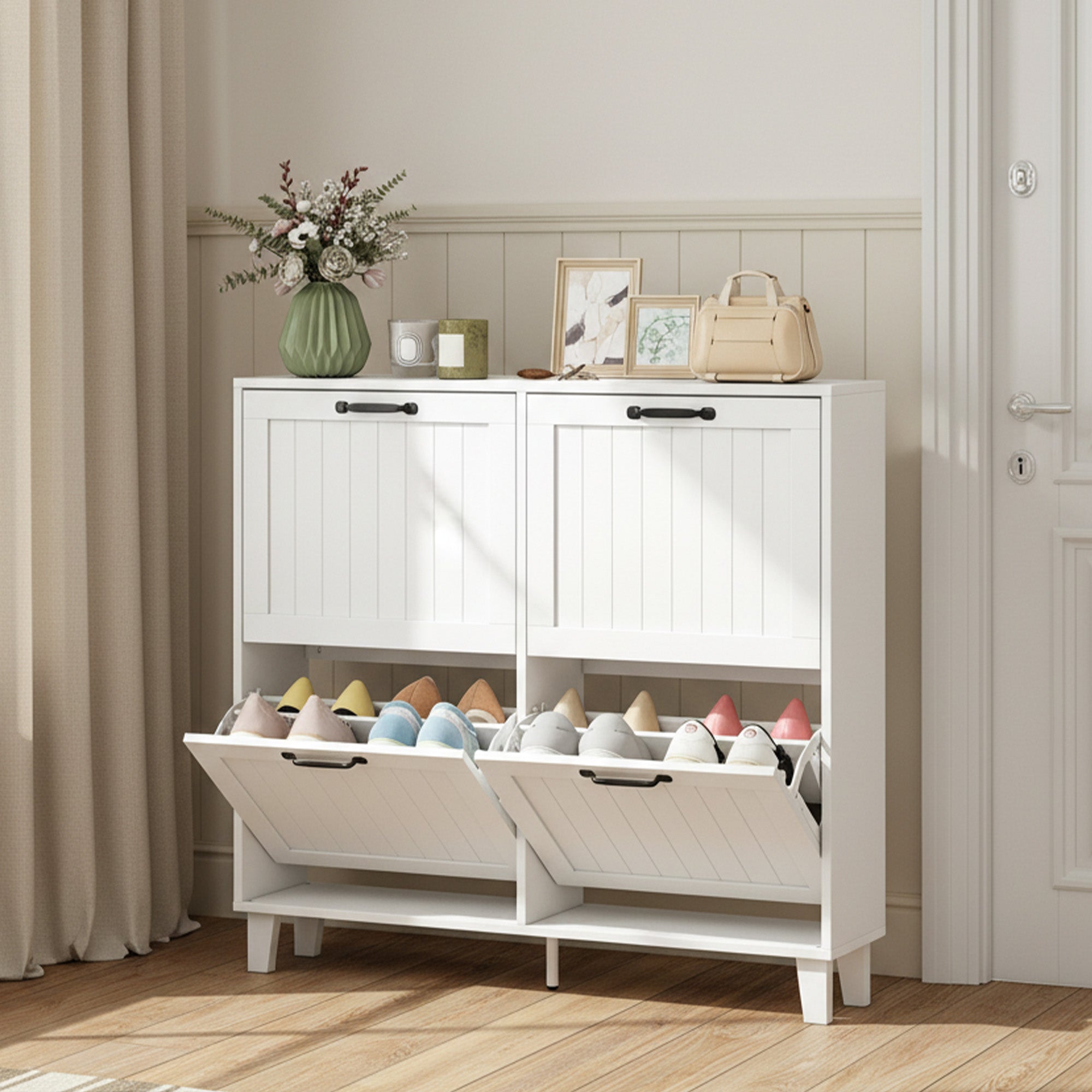 Shoe Cabinet with 4 Flip Drawers, Freestanding Narrow Shoe Storage Cabinet with Adjustable Shelves, Open Back, Bamboo Legs for Entryway, Hallway, Holds 16-20 Pairs, White