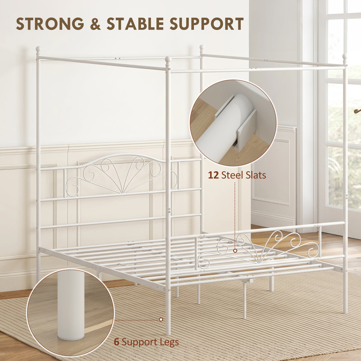 Canopy Bed Frame Double Size, Metal Platform Bed Frame with Headboard and Footboard, Underbed Storage, Heavy Duty Steel Slats Support Mattress Foundation, No Box Spring Needed, White