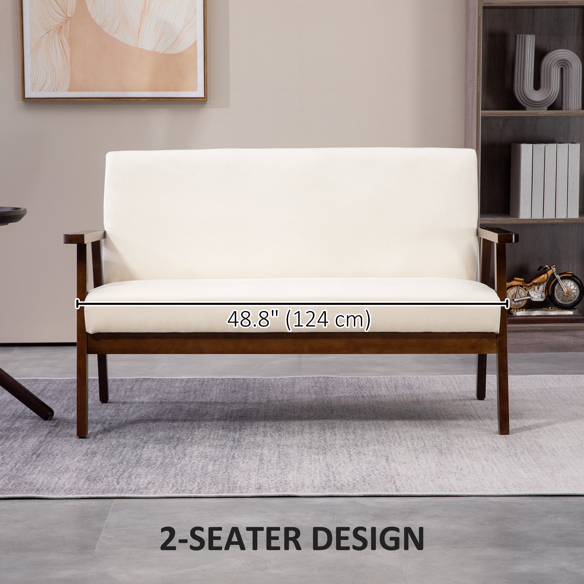 HOMCOM 48" Loveseat Sofa for Bedroom, Modern Love Seats Furniture, Upholstered 2 Seater Couch with Rubber Wood Legs, Cream White