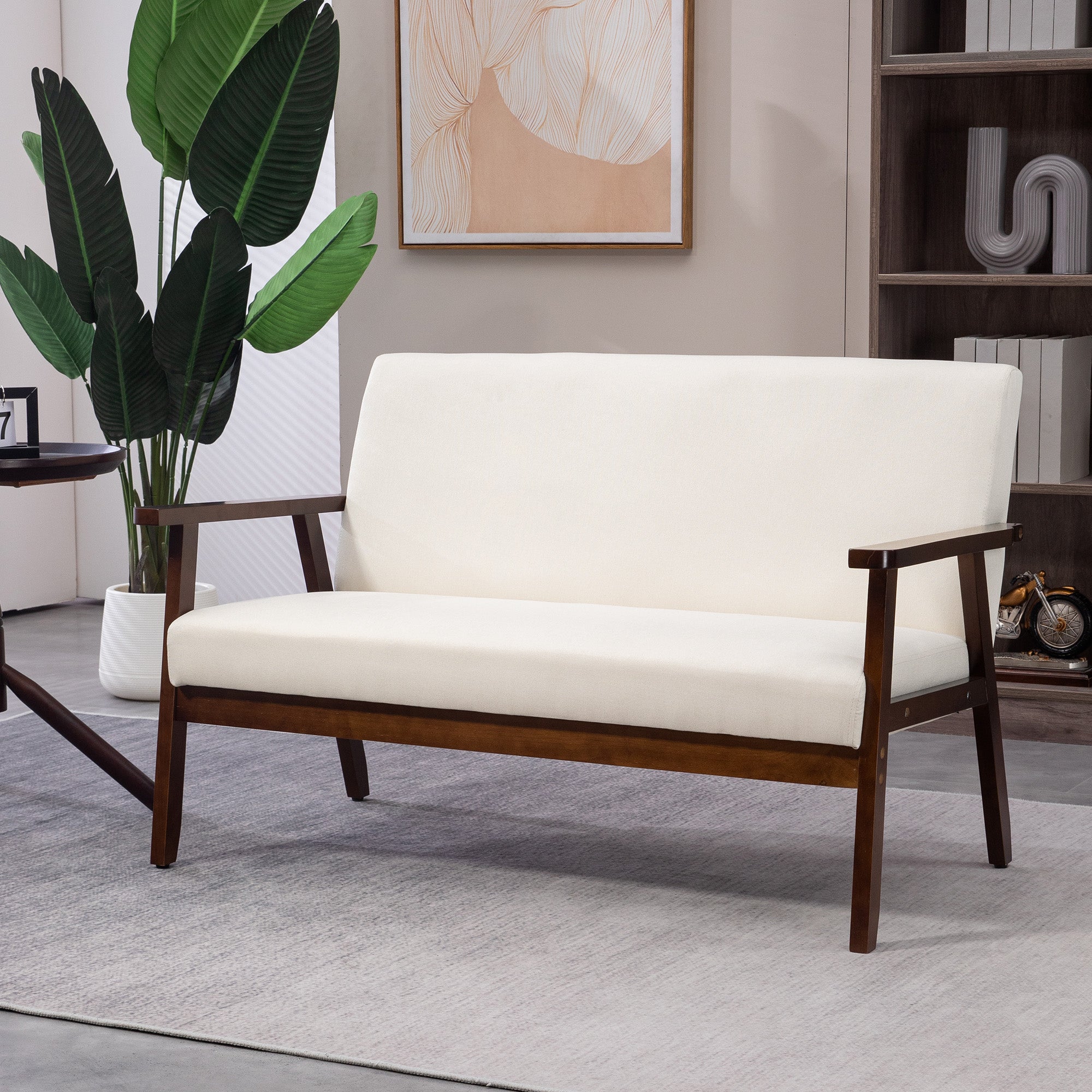 HOMCOM 48" Loveseat Sofa for Bedroom, Modern Love Seats Furniture, Upholstered 2 Seater Couch with Rubber Wood Legs, Cream White
