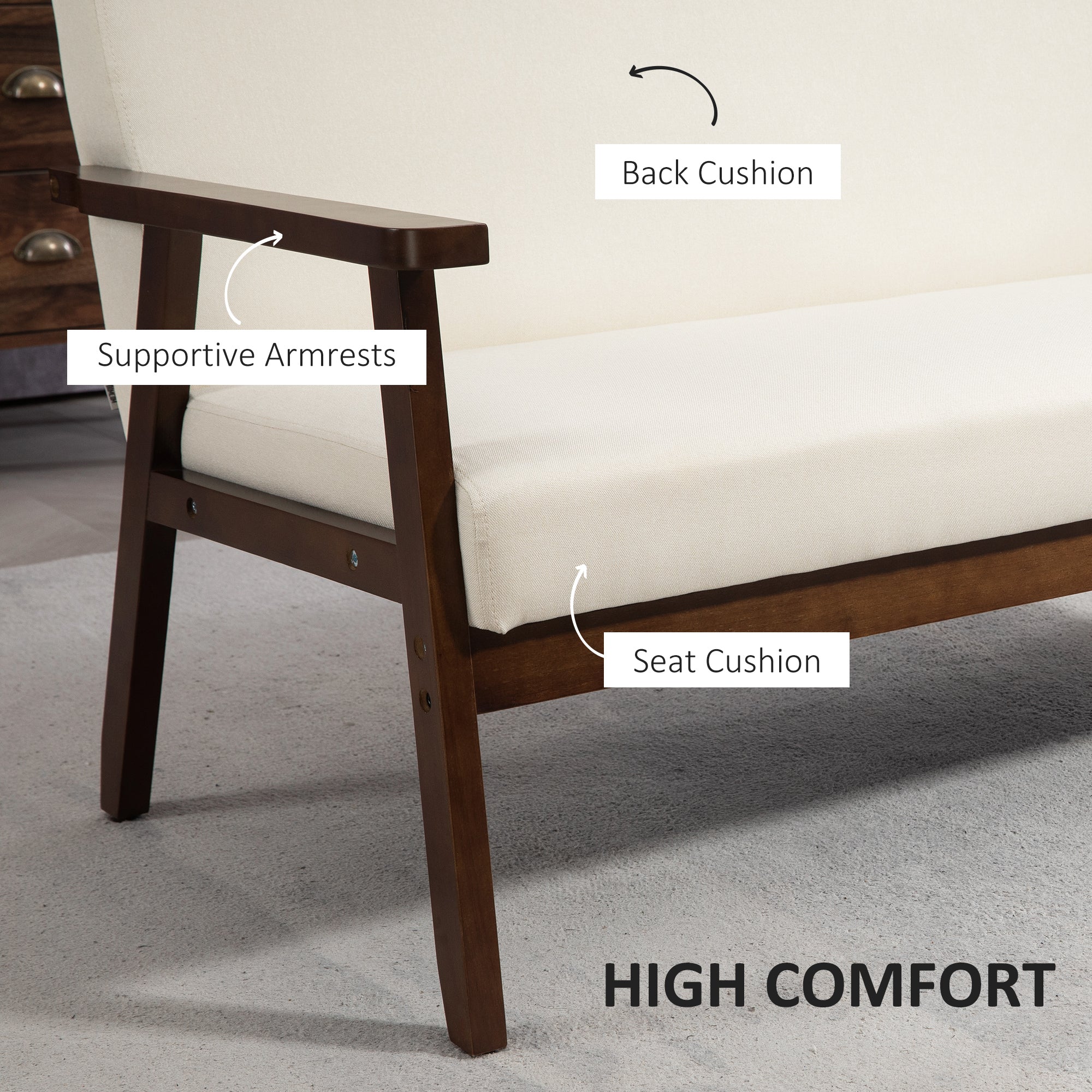 HOMCOM 48" Loveseat Sofa for Bedroom, Modern Love Seats Furniture, Upholstered 2 Seater Couch with Rubber Wood Legs, Cream White