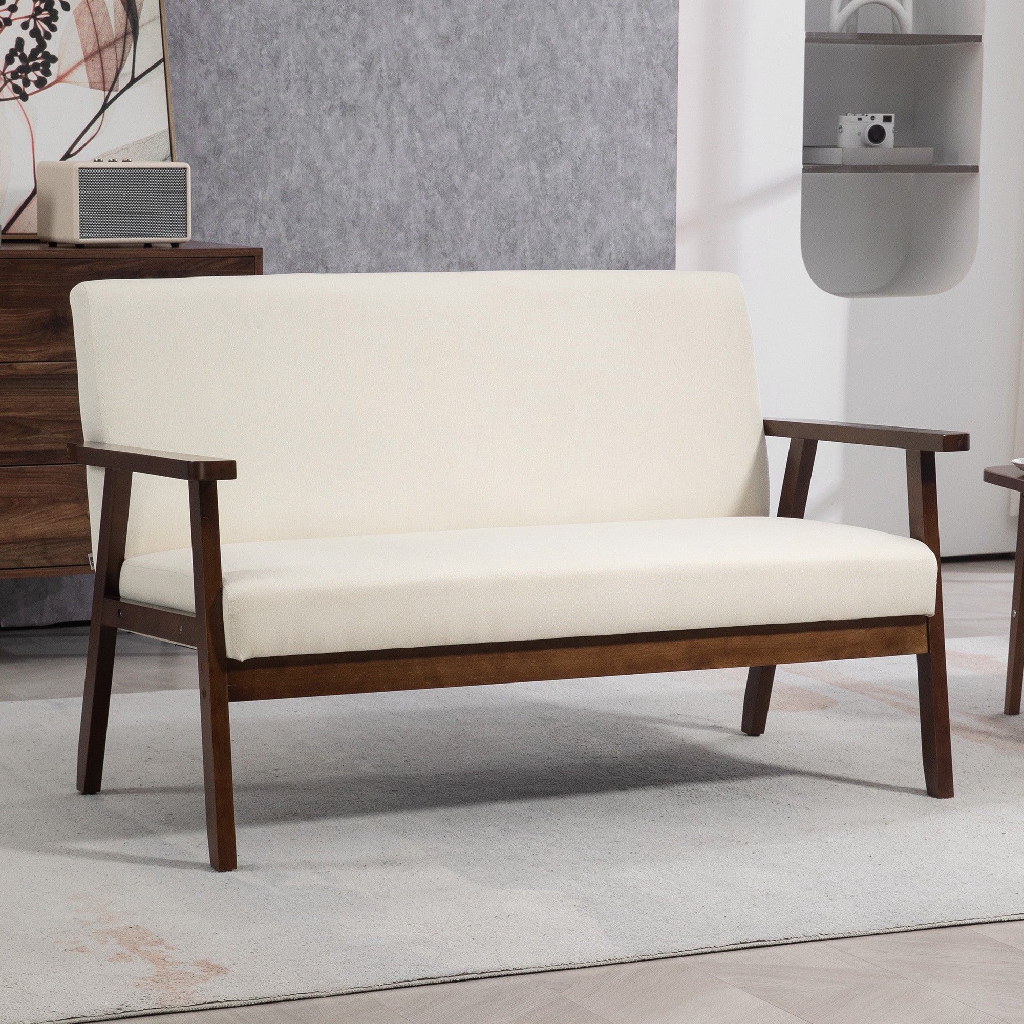 HOMCOM 48" Loveseat Sofa for Bedroom, Modern Love Seats Furniture, Upholstered 2 Seater Couch with Rubber Wood Legs, Cream White