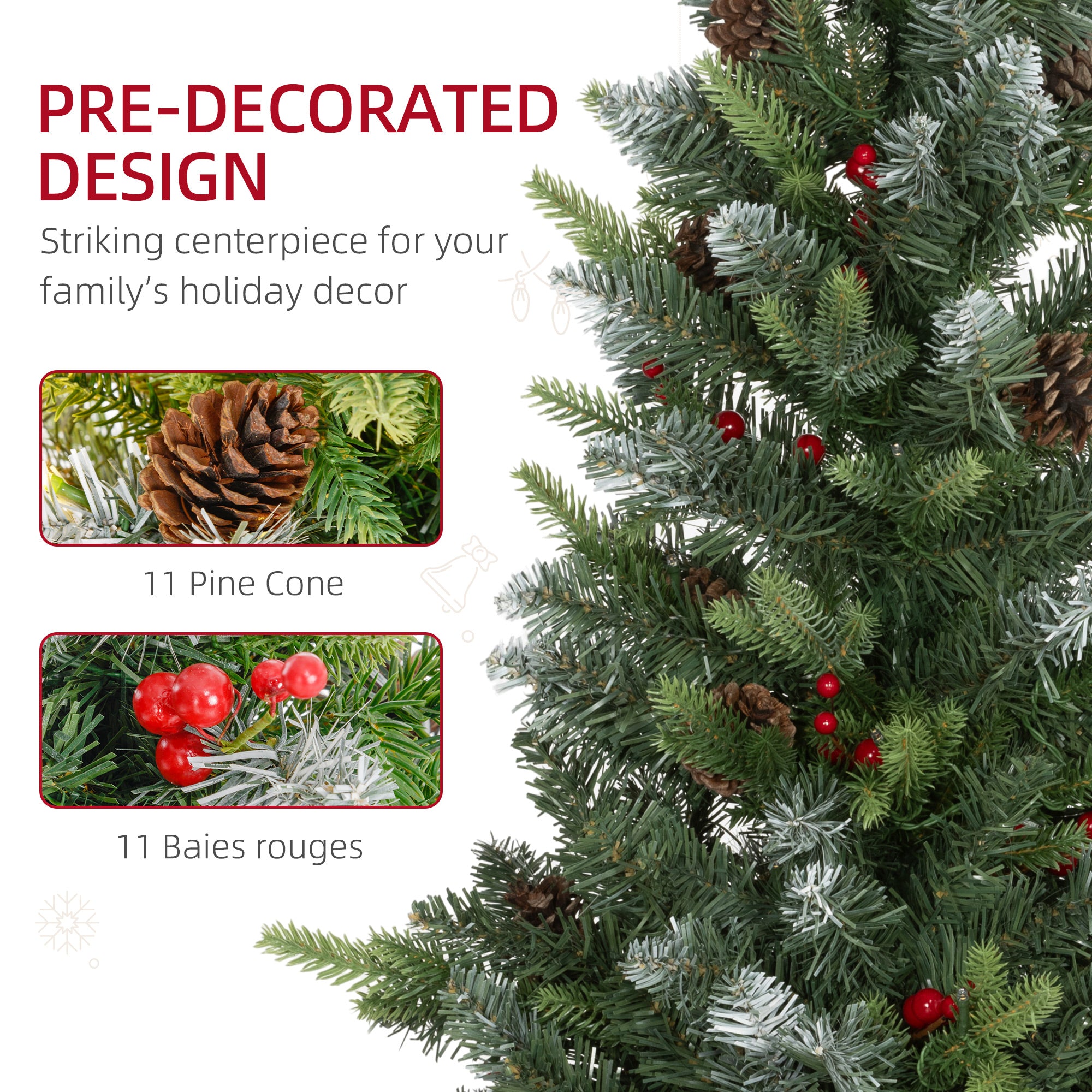 HOMCOM 2 Pieces 3ft Prelit Artificial Christmas Tree with LED Light and 291 Tips, Concrete Base, Tabletop Xmas Tree with Pine Cones and Red Berries, Green