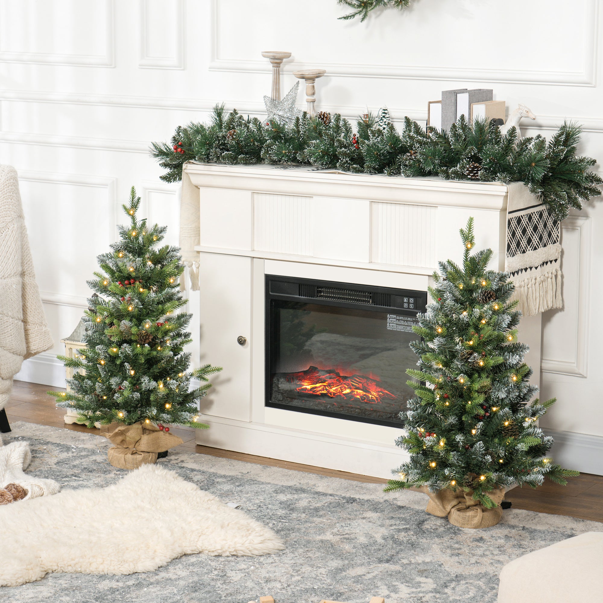 HOMCOM 2 Pieces 3ft Prelit Artificial Christmas Tree with LED Light and 291 Tips, Concrete Base, Tabletop Xmas Tree with Pine Cones and Red Berries, Green