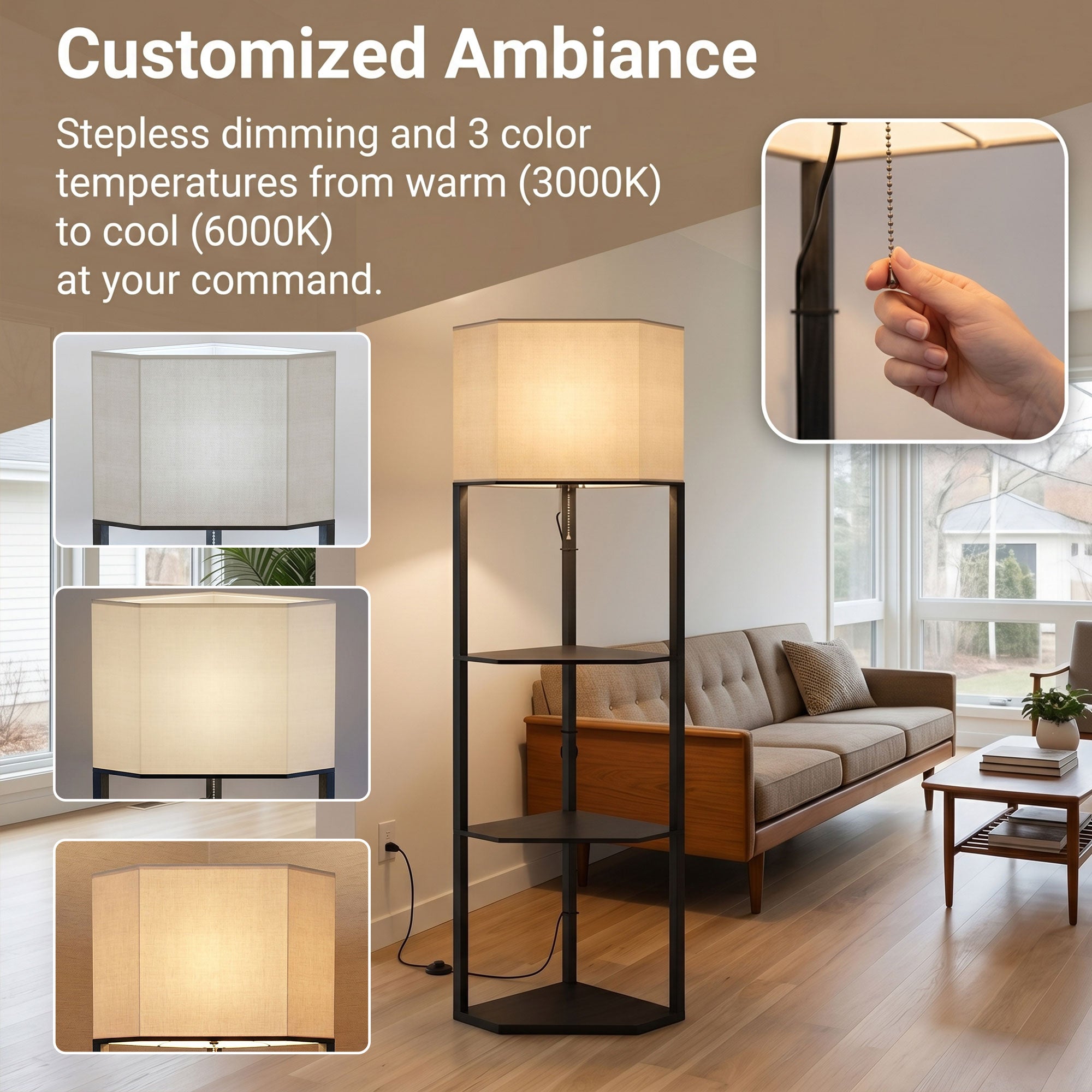 Corner Floor Lamp with Shelves and Lights, Modern Dimmable Standing Lamp with 3000K/4000K/6000K Colour Temperature, Chain Switch & Remote Control for Living Room, Bedroom, Black