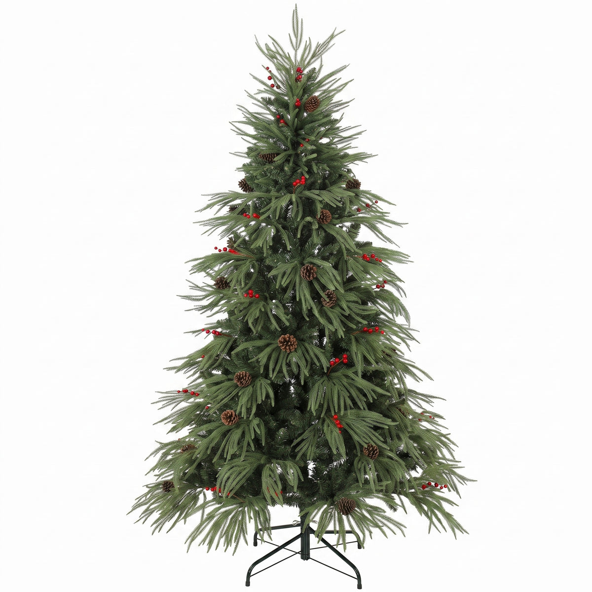 6ft Artificial Christmas Tree with Pinecones, Red Berries, Hinged Predecorated Xmas Tree with 2843 Branch Tips, Foldable Metal Base for Home Office Holiday Decoration, Green