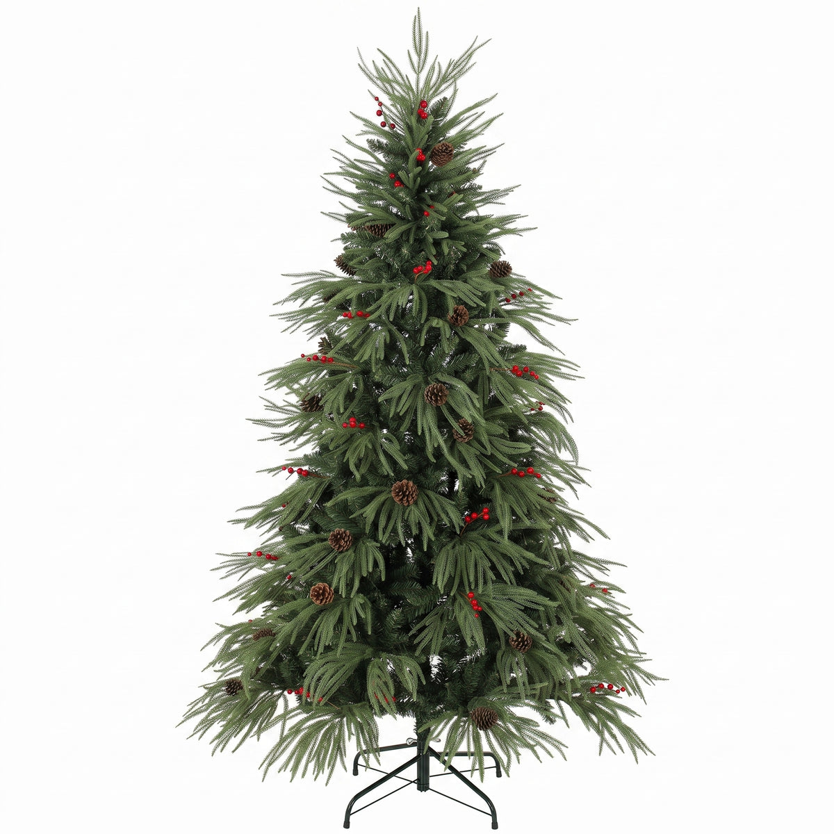 6ft Artificial Christmas Tree with Pinecones, Red Berries, Hinged Predecorated Xmas Tree with 2843 Branch Tips, Foldable Metal Base for Home Office Holiday Decoration, Green