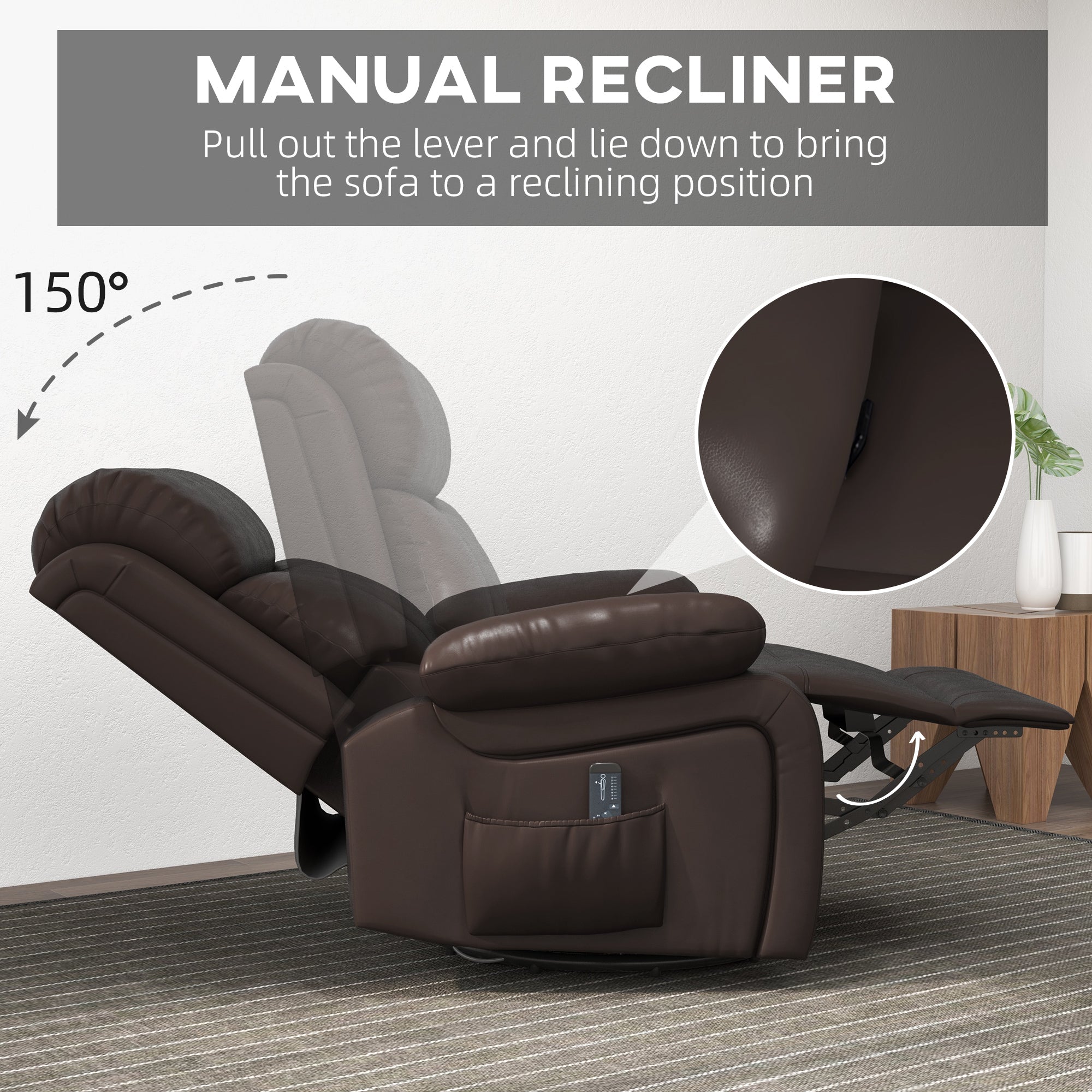 HOMCOM Swivel Rocker Recliner Chair for Living Room, PU Leather Manual Reclining Chair with 8 Vibration Massage, Remote Control, and Side Pockets, Brown