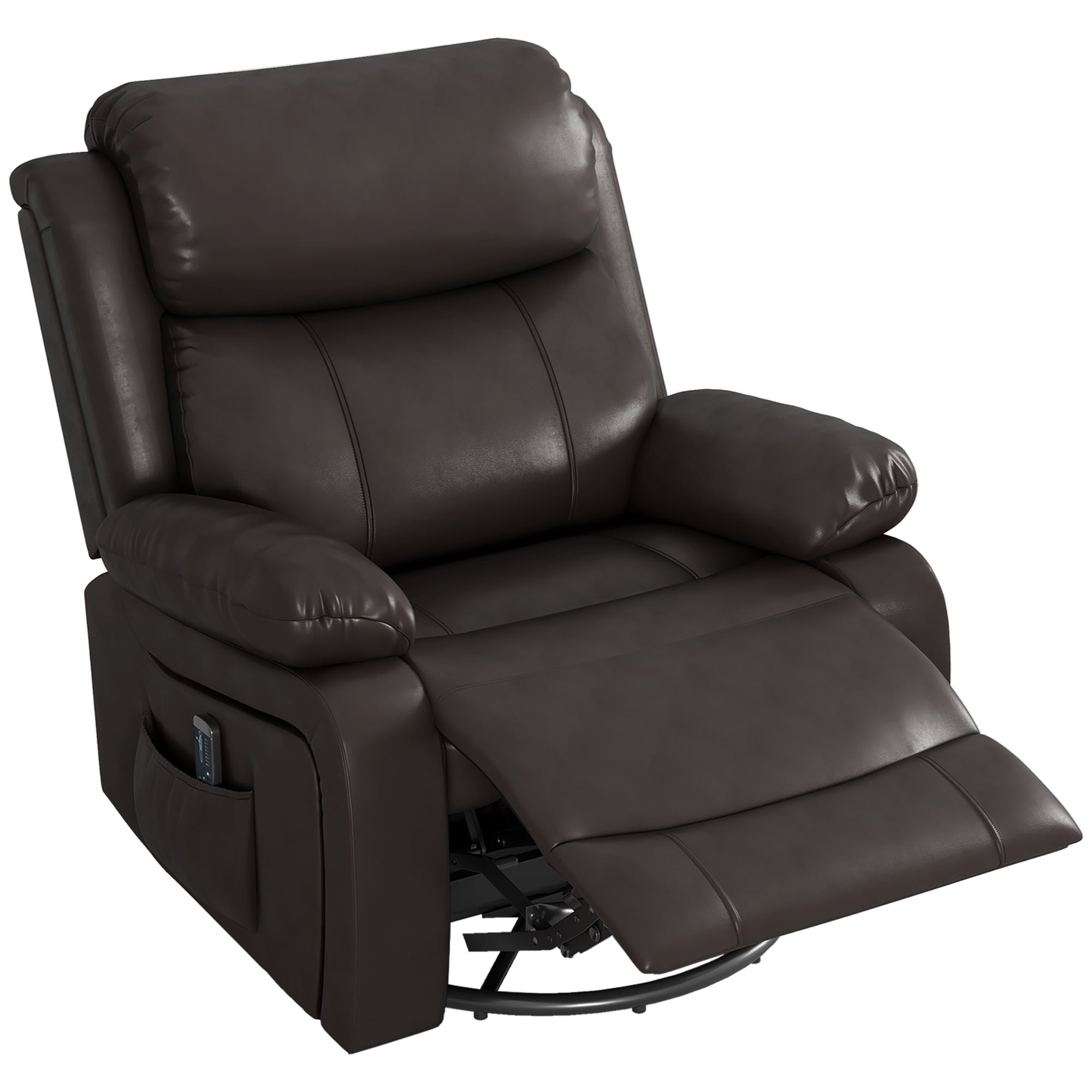 HOMCOM Swivel Rocker Recliner Chair for Living Room, PU Leather Manual Reclining Chair with 8 Vibration Massage, Remote Control, and Side Pockets, Brown