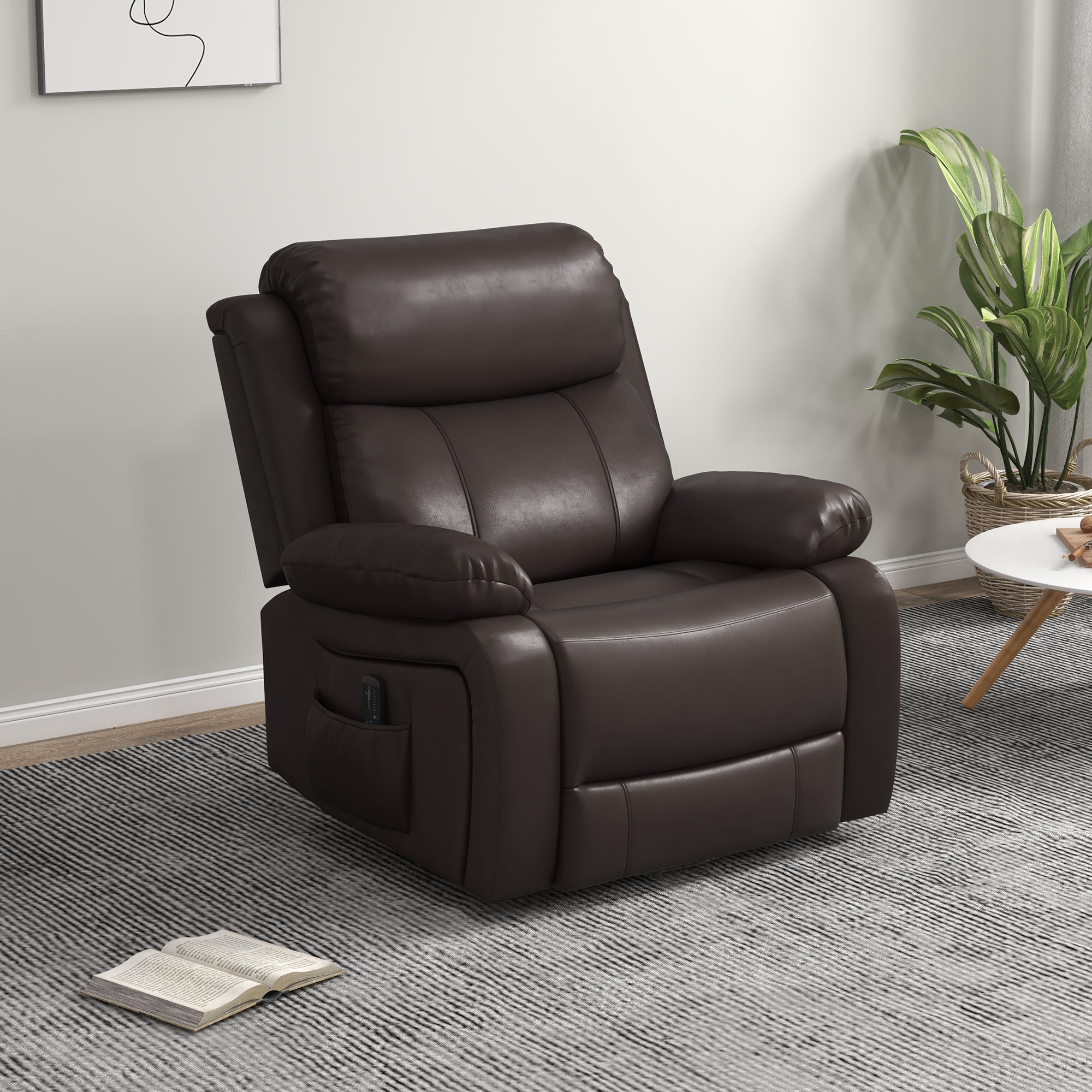 HOMCOM Swivel Rocker Recliner Chair for Living Room, PU Leather Manual Reclining Chair with 8 Vibration Massage, Remote Control, and Side Pockets, Brown