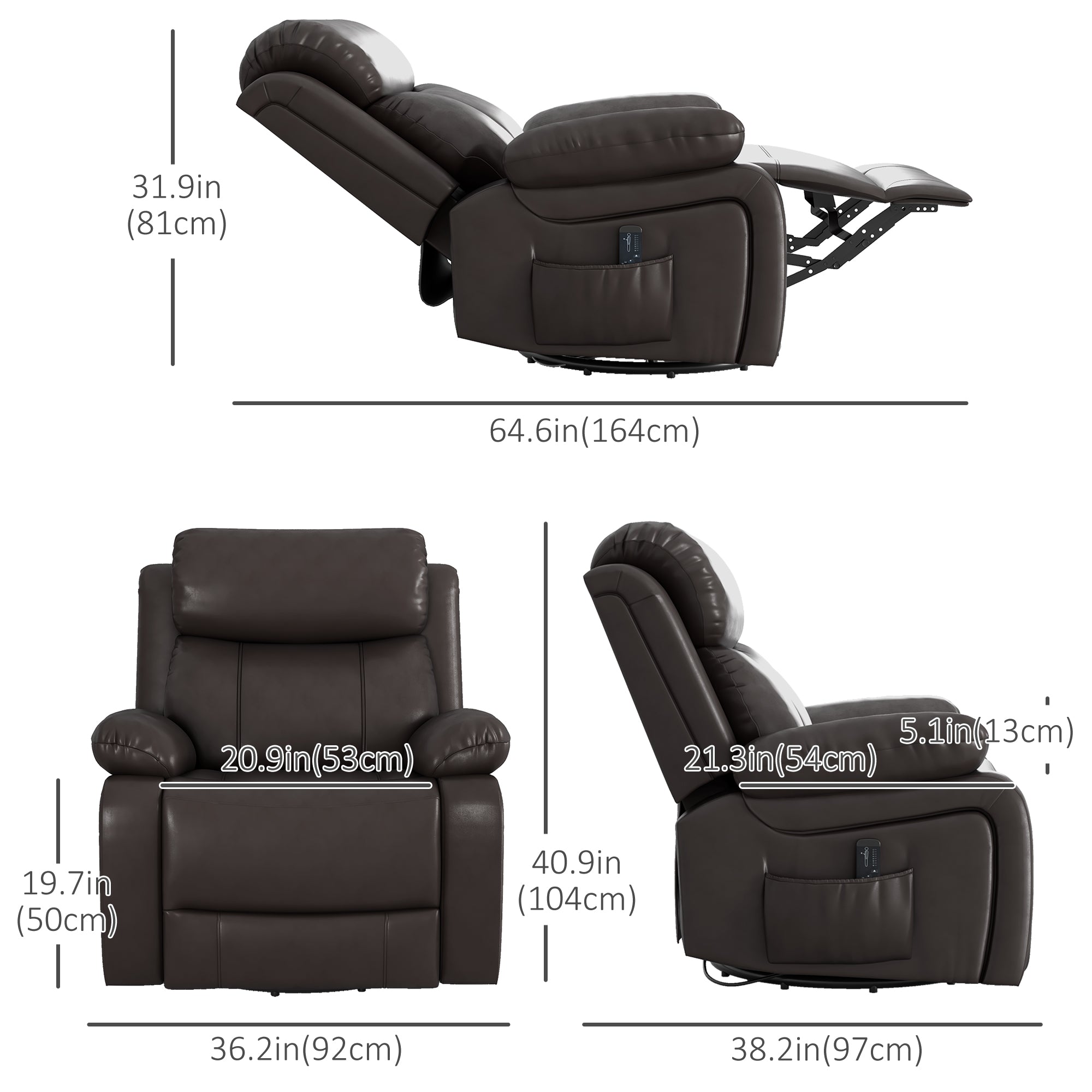 HOMCOM Swivel Rocker Recliner Chair for Living Room, PU Leather Manual Reclining Chair with 8 Vibration Massage, Remote Control, and Side Pockets, Brown