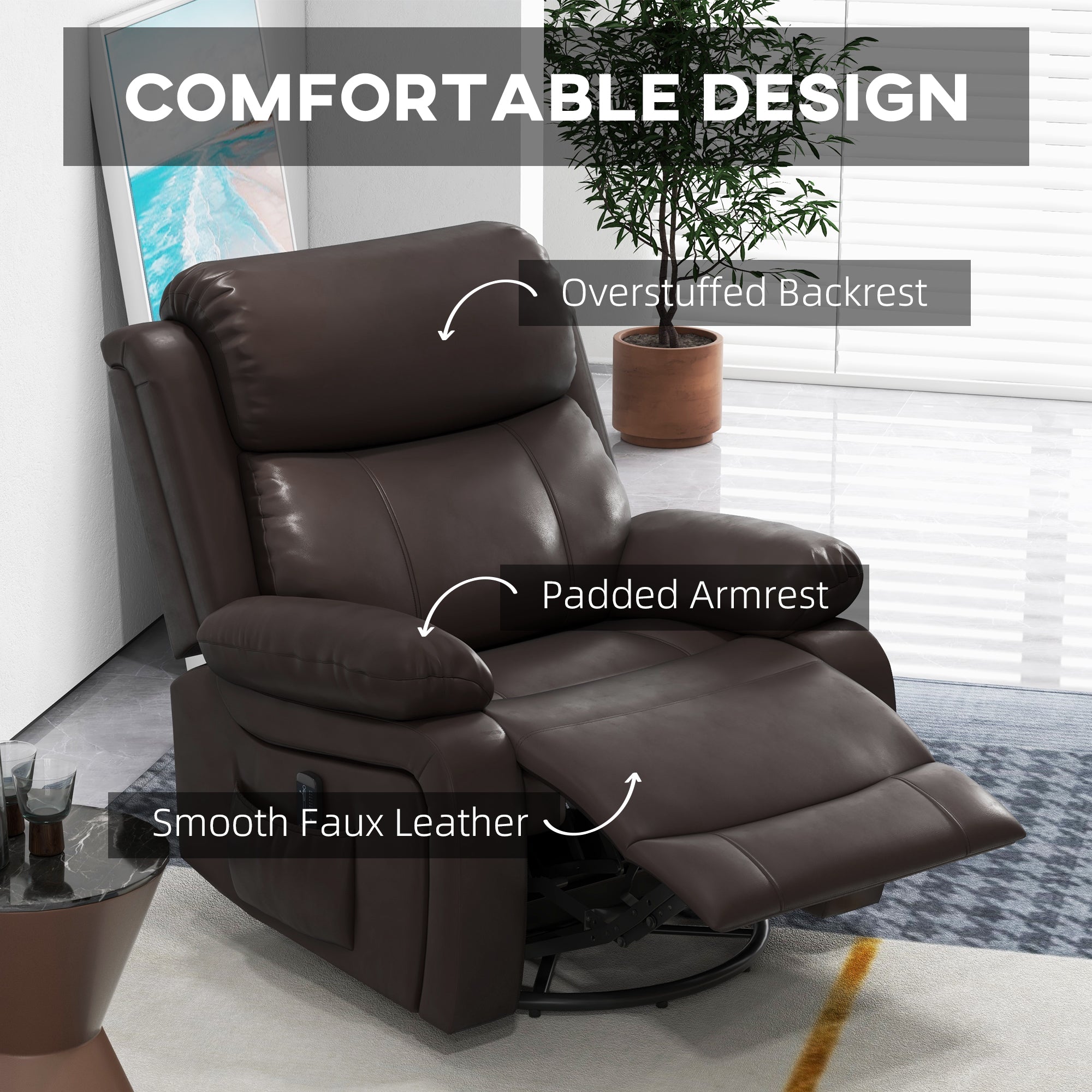 HOMCOM Swivel Rocker Recliner Chair for Living Room, PU Leather Manual Reclining Chair with 8 Vibration Massage, Remote Control, and Side Pockets, Brown