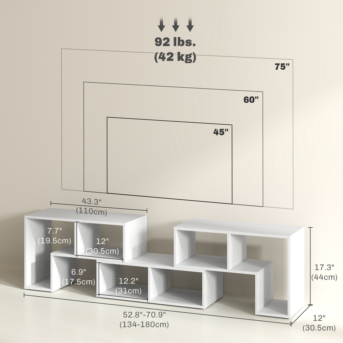TV Stand for TVs up to 75", 3-Piece Modular TV Console, Industrial Entertainment Center with Open Storage Shelves for Living Room, White