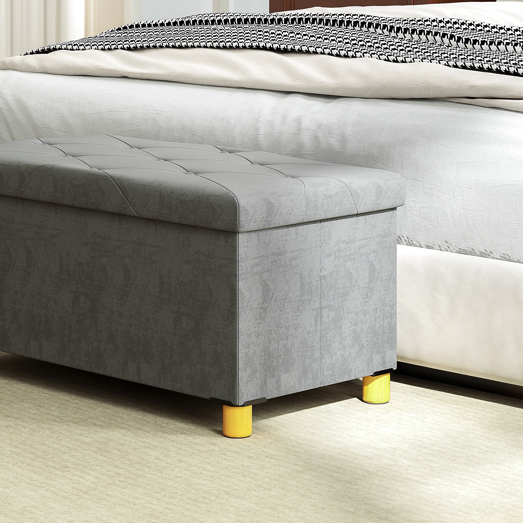 Storage Ottoman Bench, Velvet Upholstered Foldable Ottoman Footrest, Foot Stool with Wood Legs for Living Room, Bedroom, Entryway, Grey