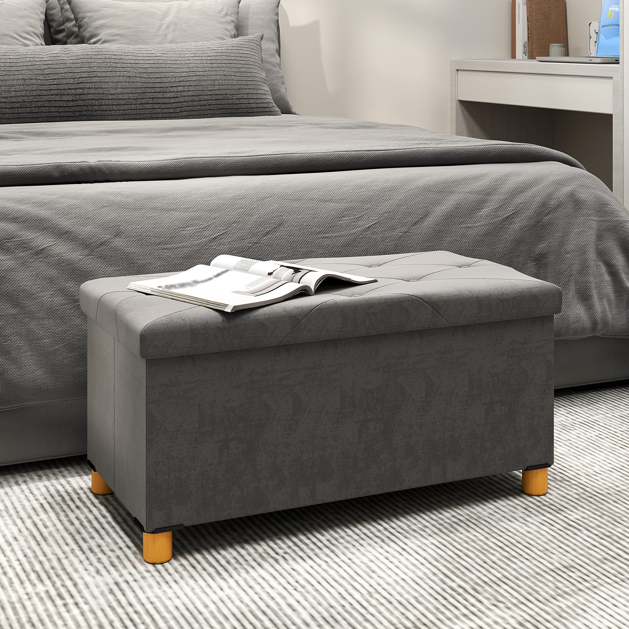 Storage Ottoman Bench, Velvet Upholstered Foldable Ottoman Footrest, Foot Stool with Wood Legs for Living Room, Bedroom, Entryway, Grey