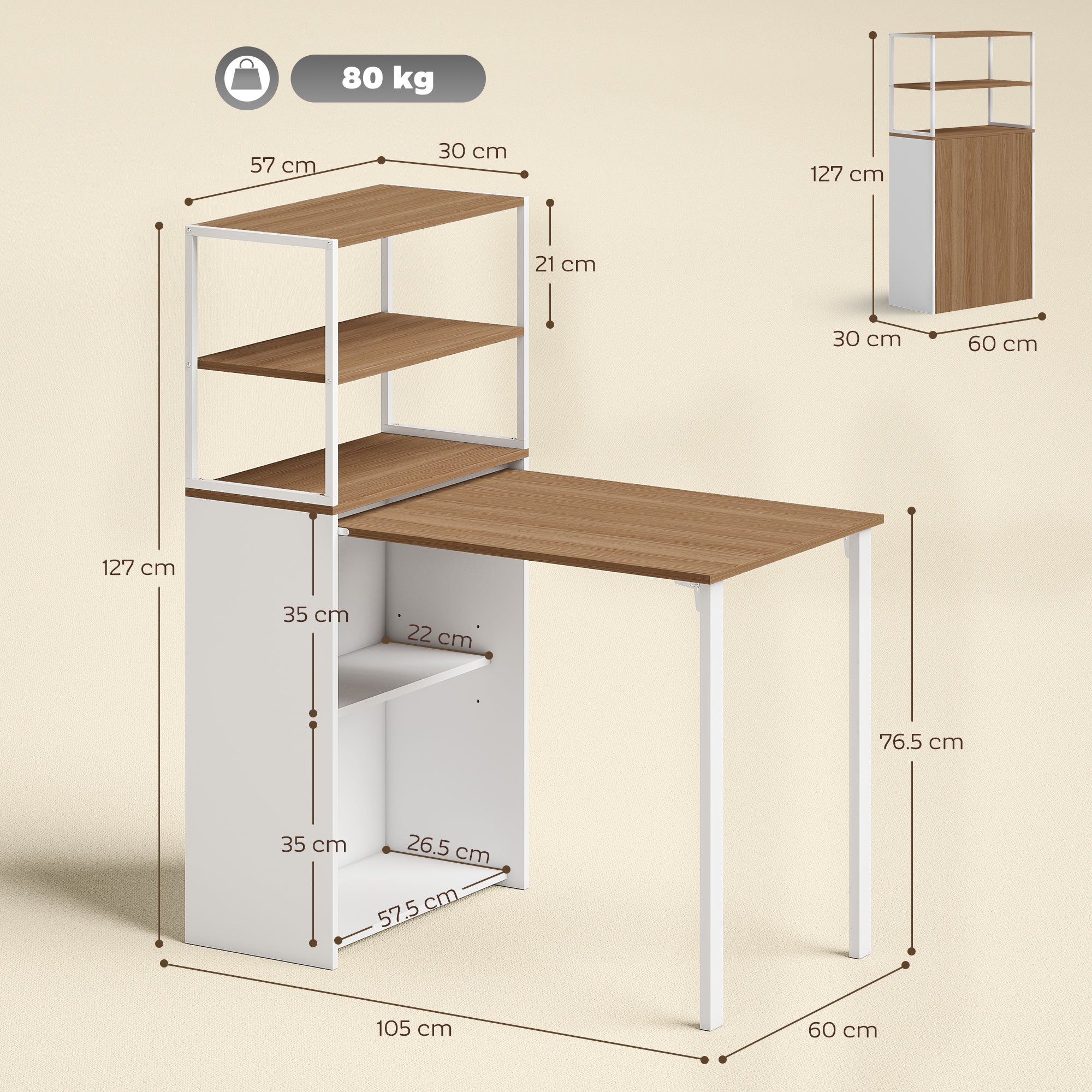 Folding Computer Desk with 4-Tier Bookshelf, Space-Saving Multifunctional Small Office Desk, 2-in-1 Compact Industrial Study Table with Metal Frame for Small Spaces, Home Office, Natural