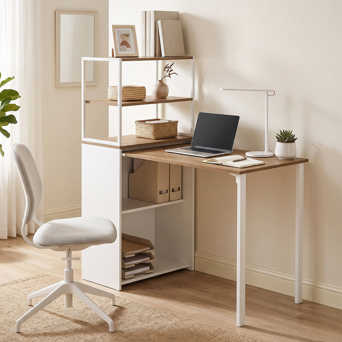 Folding Computer Desk with 4-Tier Bookshelf, 41" Space-Saving Home Office Desk, 2-in-1 Compact Industrial Office Table for Small Spaces, Home Office, Natural