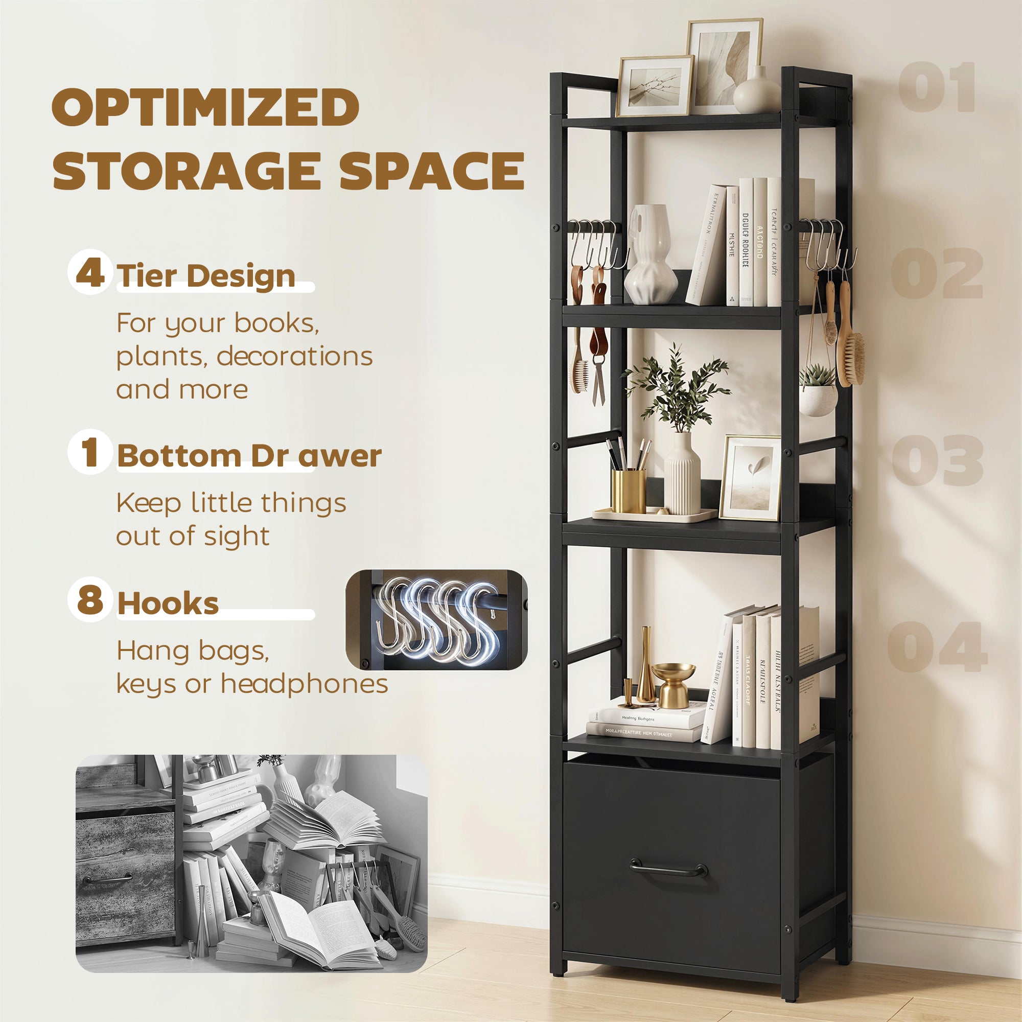 4-Tier Bookshelf, Narrow Bookcase with Drawer, 8 Hooks, Metal Frame, Shelving Unit for Living Room, Bedroom, Home Office, 39 x 26 x 136.5 cm, Black