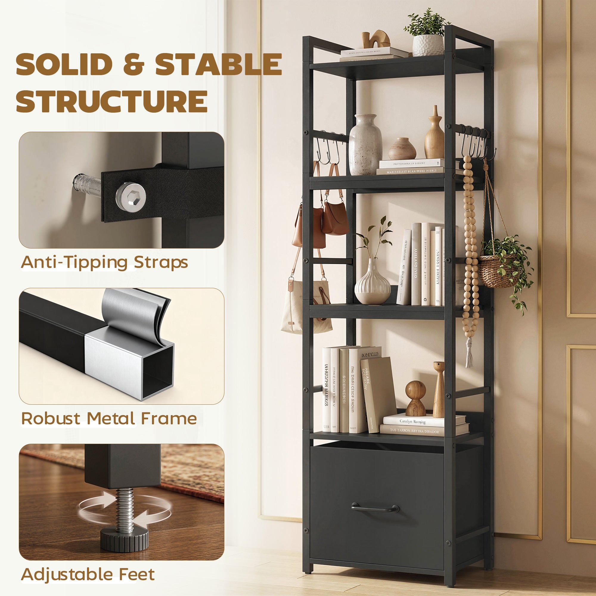 4-Tier Bookshelf, Narrow Bookcase with Drawer, 8 Hooks, Metal Frame, Shelving Unit for Living Room, Bedroom, Home Office, 39 x 26 x 136.5 cm, Black