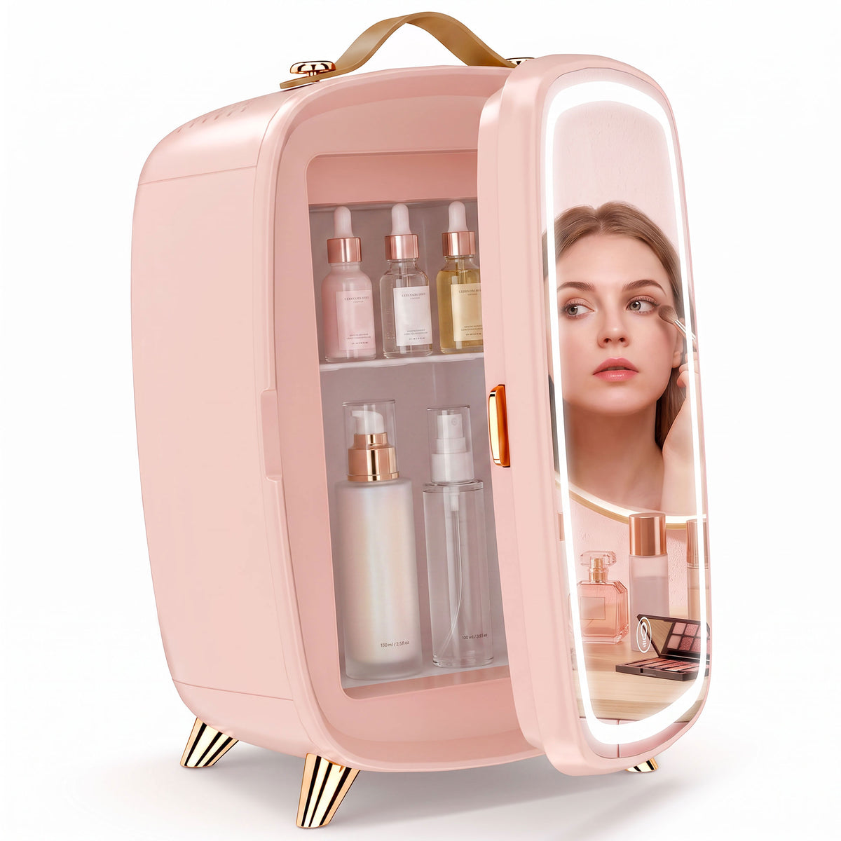 6L Mini Cosmetic Fridge with LED Mirror, Cooling Function, Skincare Refrigerator for Bedroom, Skincare, Office, Pink