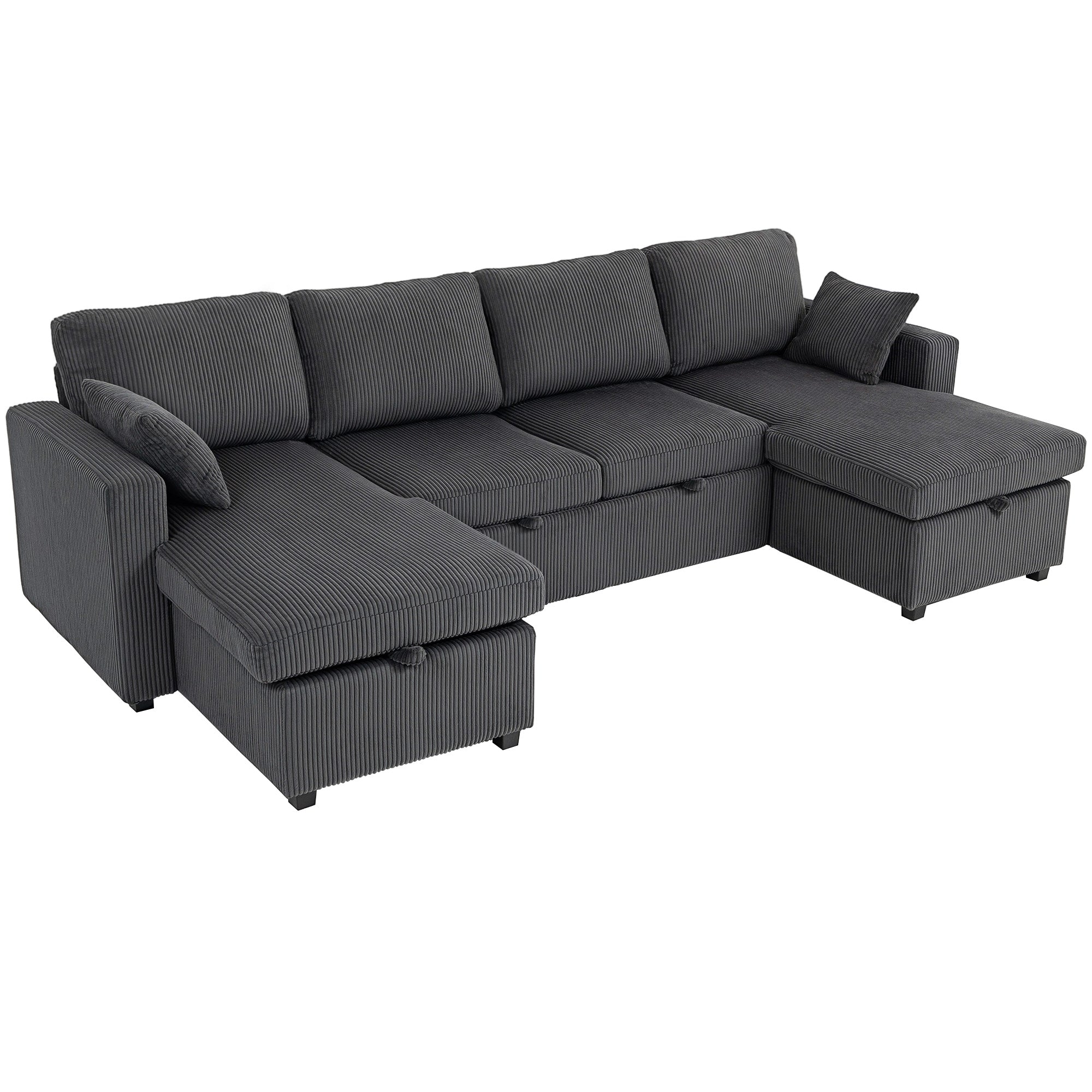 Sofa Bed, Oversized U-Shaped Sleeper Sofa Couch with Pull Out Bed, 2 Storage Chaises, Corduroy Upholstery, Spring, Pillows, 111" Futon Couch for Living Room, Charcoal Grey