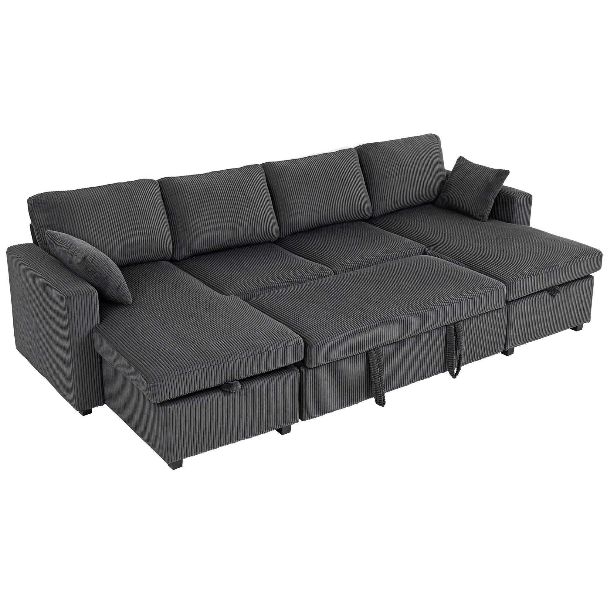 Sofa Bed, Oversized U-Shaped Sleeper Sofa Couch with Pull Out Bed, 2 Storage Chaises, Corduroy Upholstery, Spring, Pillows, 111" Futon Couch for Living Room, Charcoal Grey