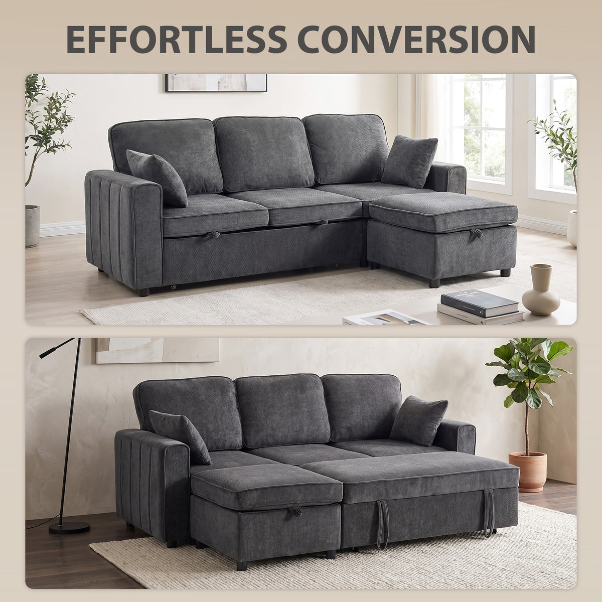 Modular Sectional Sofa Bed with Reversible Storage Ottoman, Chenille Pull Out Sleeper Sofa with Spring Cushion, Wide and Deep Seat, 3 Seater Couch for Living Room, Dark Grey