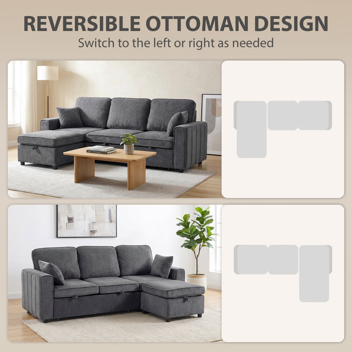 Modular Sectional Sofa Bed with Reversible Storage Ottoman, Chenille Pull Out Sleeper Sofa with Spring Cushion, Wide and Deep Seat, 3 Seater Couch for Living Room, Dark Grey