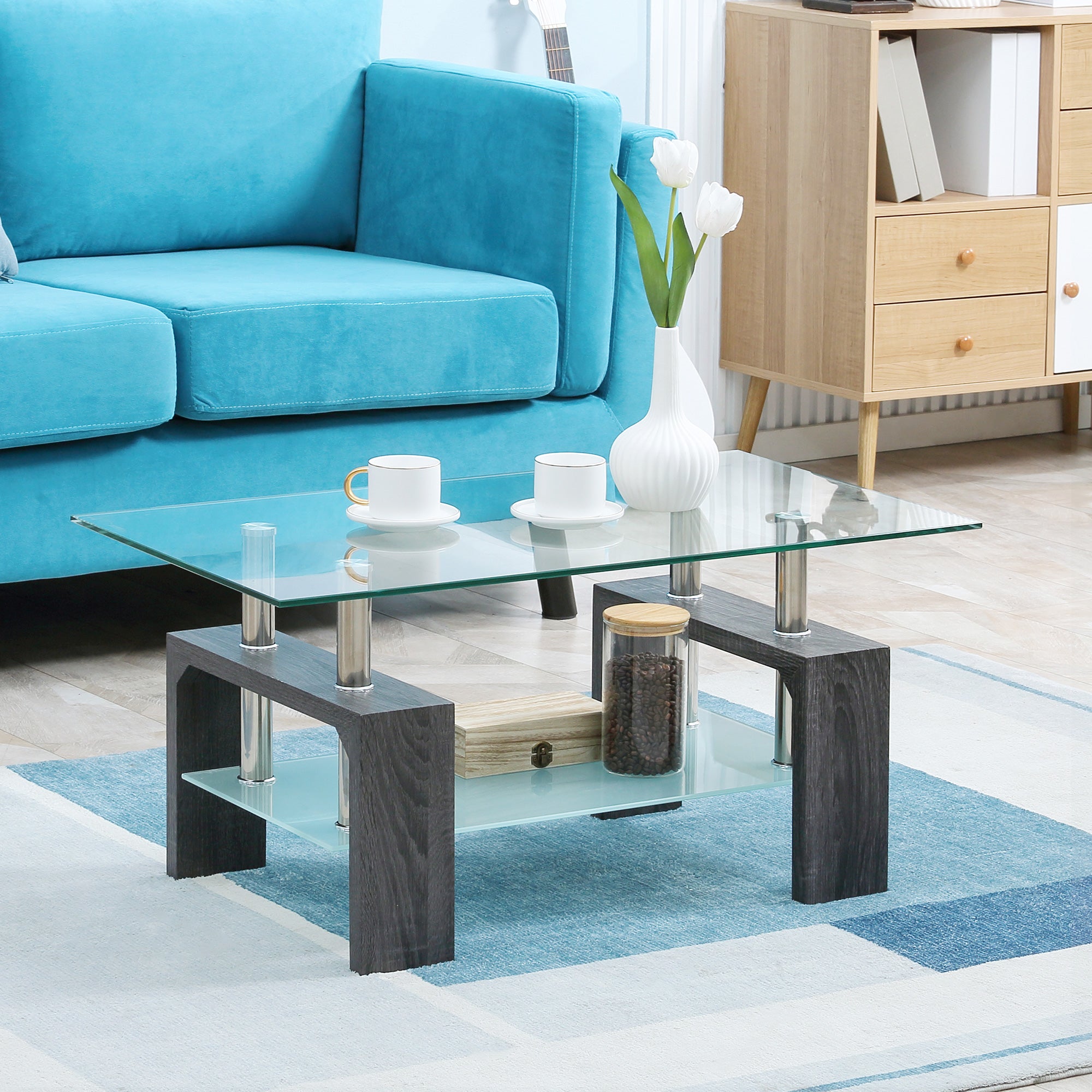 HOMCOM Rectangle Glass Coffee Table, 2-Tier Center Table with Tempered Glass Top and Storage Shelf for Living Room, Grey