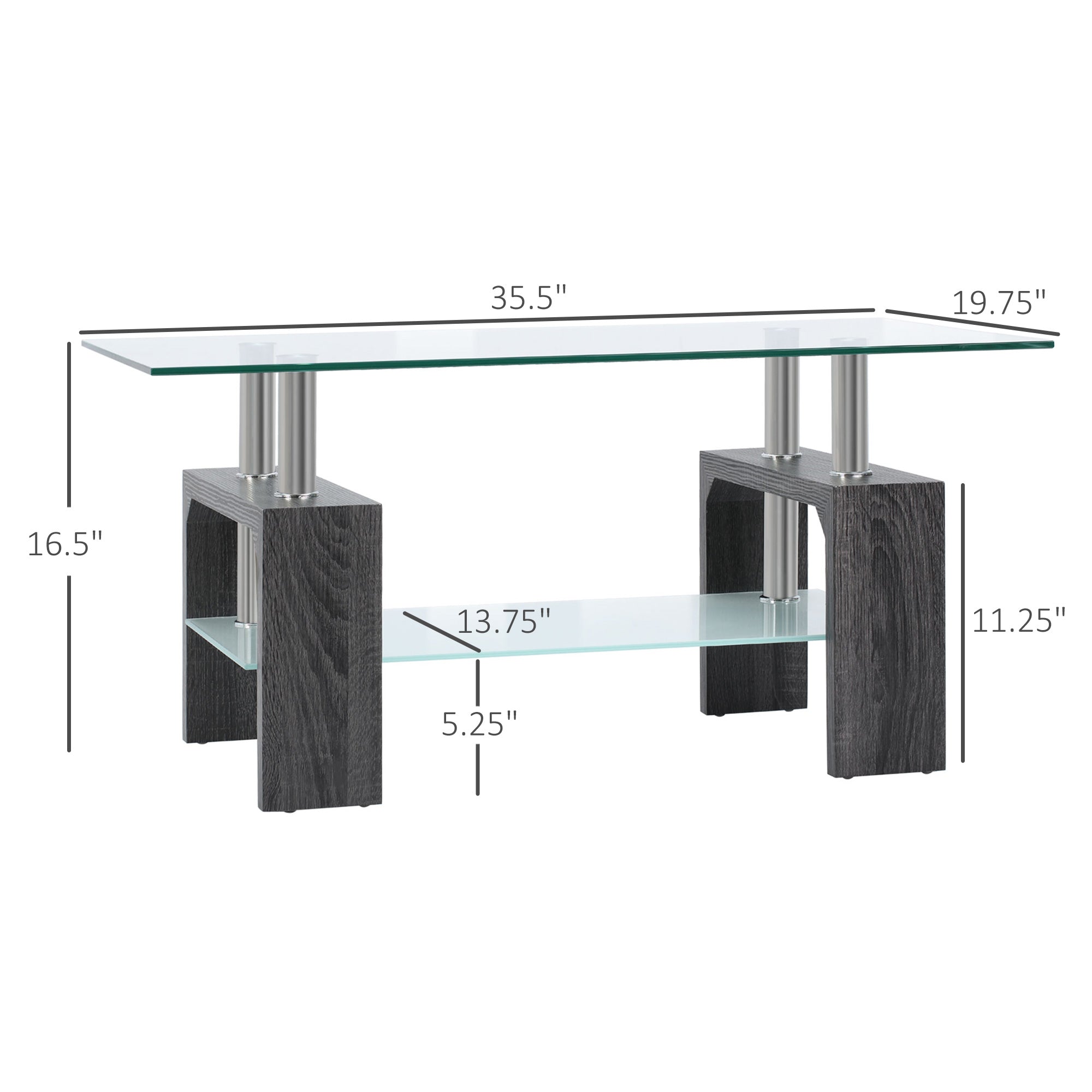 HOMCOM Rectangle Glass Coffee Table, 2-Tier Center Table with Tempered Glass Top and Storage Shelf for Living Room, Grey