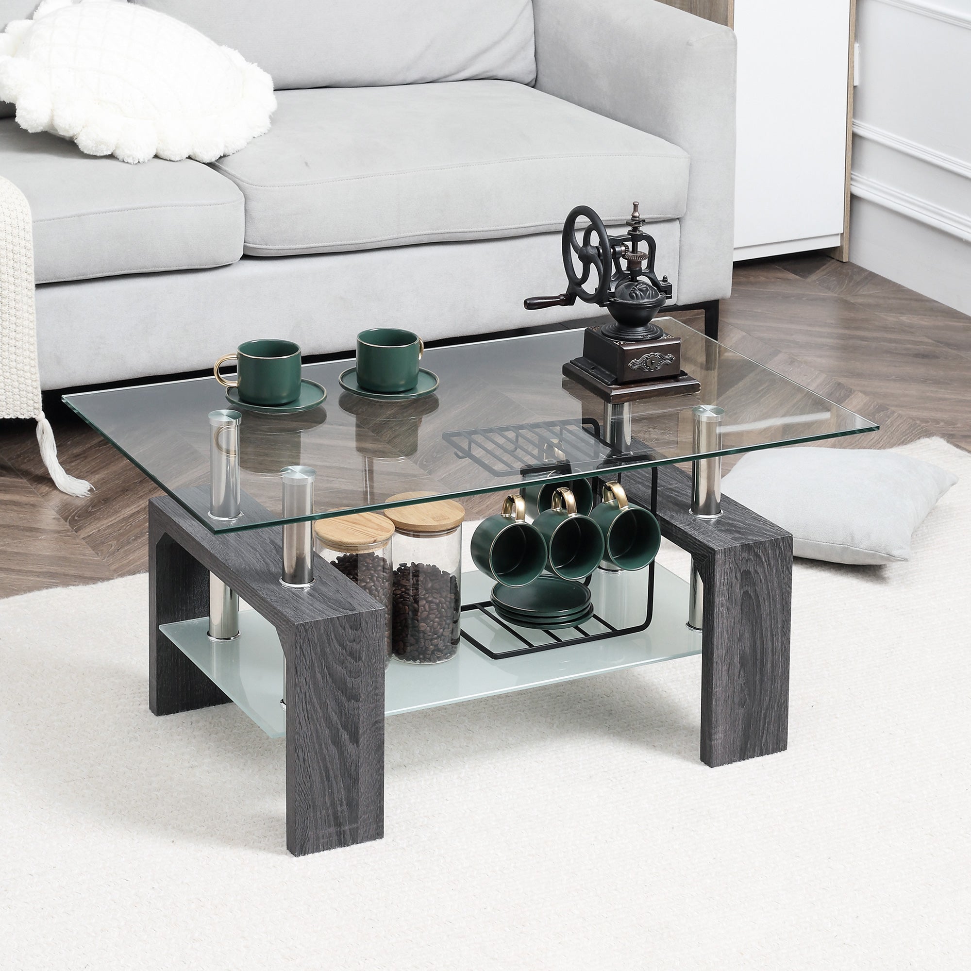 HOMCOM Rectangle Glass Coffee Table, 2-Tier Center Table with Tempered Glass Top and Storage Shelf for Living Room, Grey