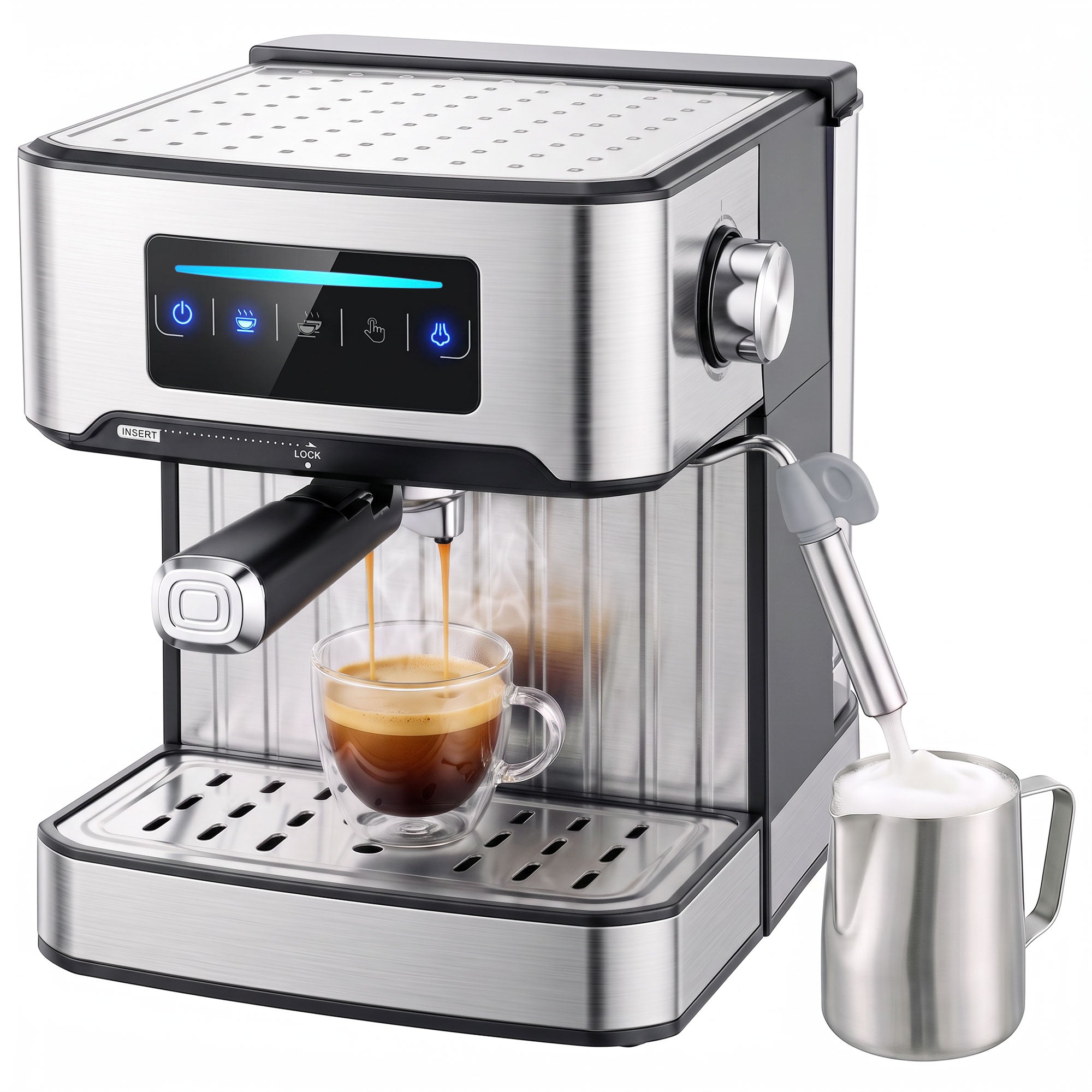 Espresso Machine with Milk Frother Wand, 1.6 L Water Tank, 850W Semi Automatic 20 Bar Coffee Machine, Latte Cappuccino Maker with Single/Double/Manual Shot, LED Touch, Hot Water, Cup Warming