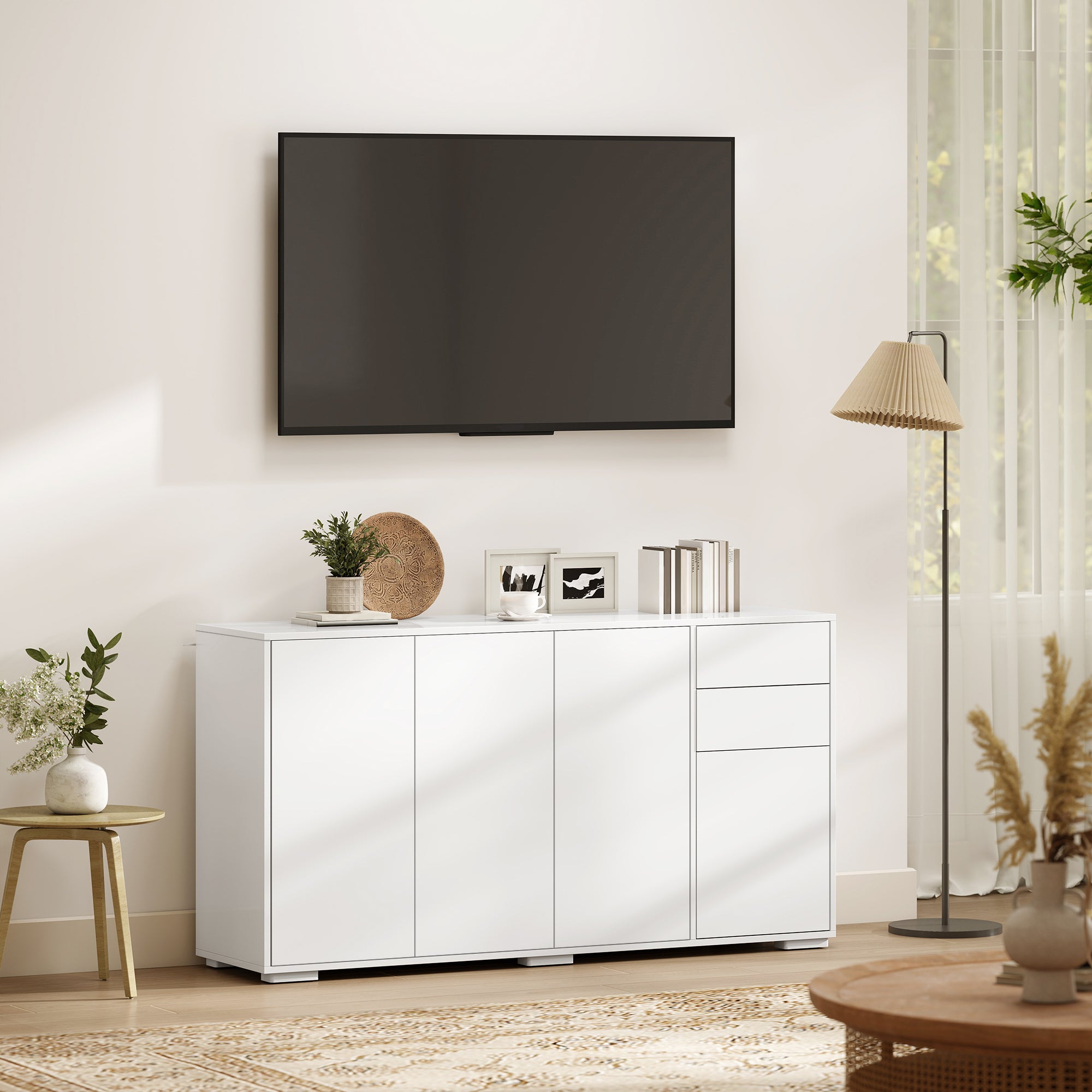 High Gloss Buffet Sideboard with 2 Drawers, 4 Doors and Adjustable Shelf, Kitchen Storage Cabinet with Push Open Design, White