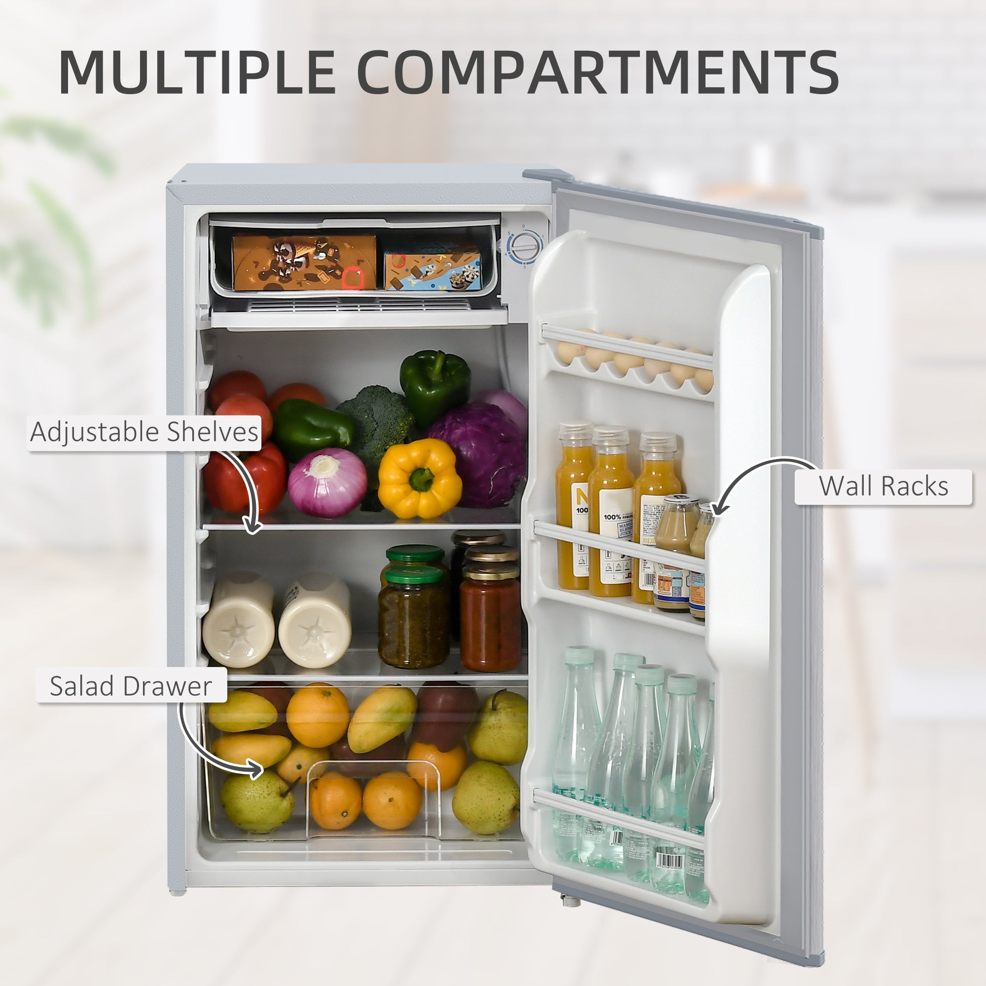 HOMCOM 91 Litre Freestanding Under Counter Fridge Freezer with Chiller Box, Reversible Door, Adjustable Thermostat, 47.5cm Wide, Grey