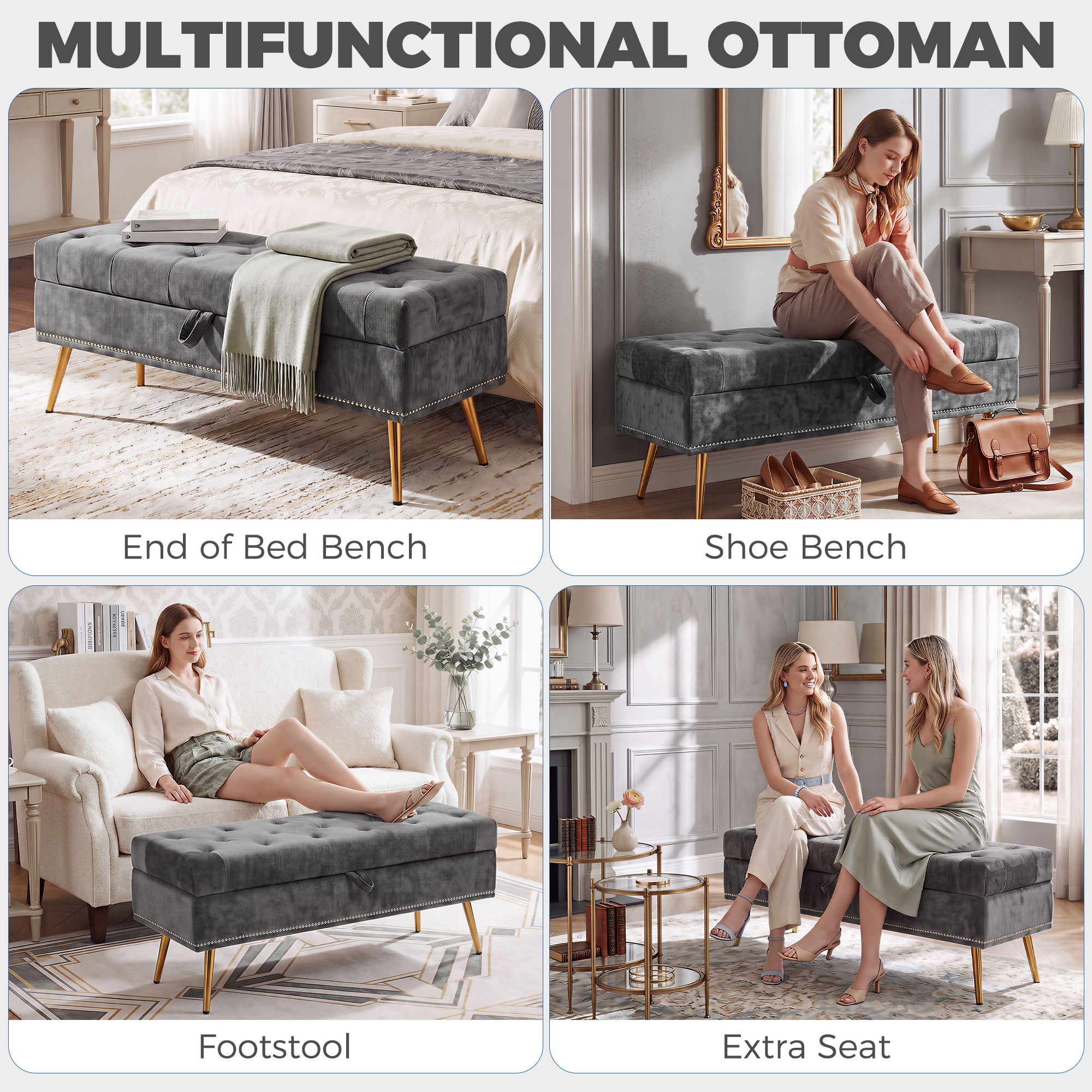 Storage Ottoman, Chenille Upholstered Ottoman Storage Box with Padded Seat, End of Bed Bench with Metal Legs for Bedroom, Hallway, Living Room, 114 x 41 x 45 cm, Grey