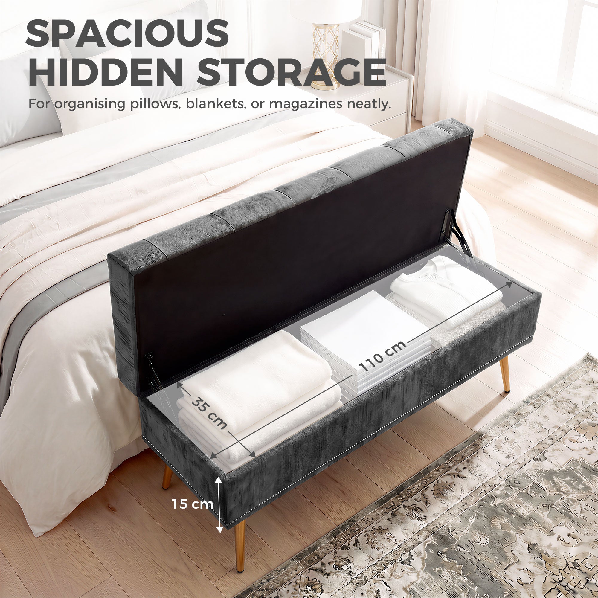 Storage Ottoman, Chenille Upholstered Ottoman Storage Box with Padded Seat, End of Bed Bench with Metal Legs for Bedroom, Hallway, Living Room, 114 x 41 x 45 cm, Grey
