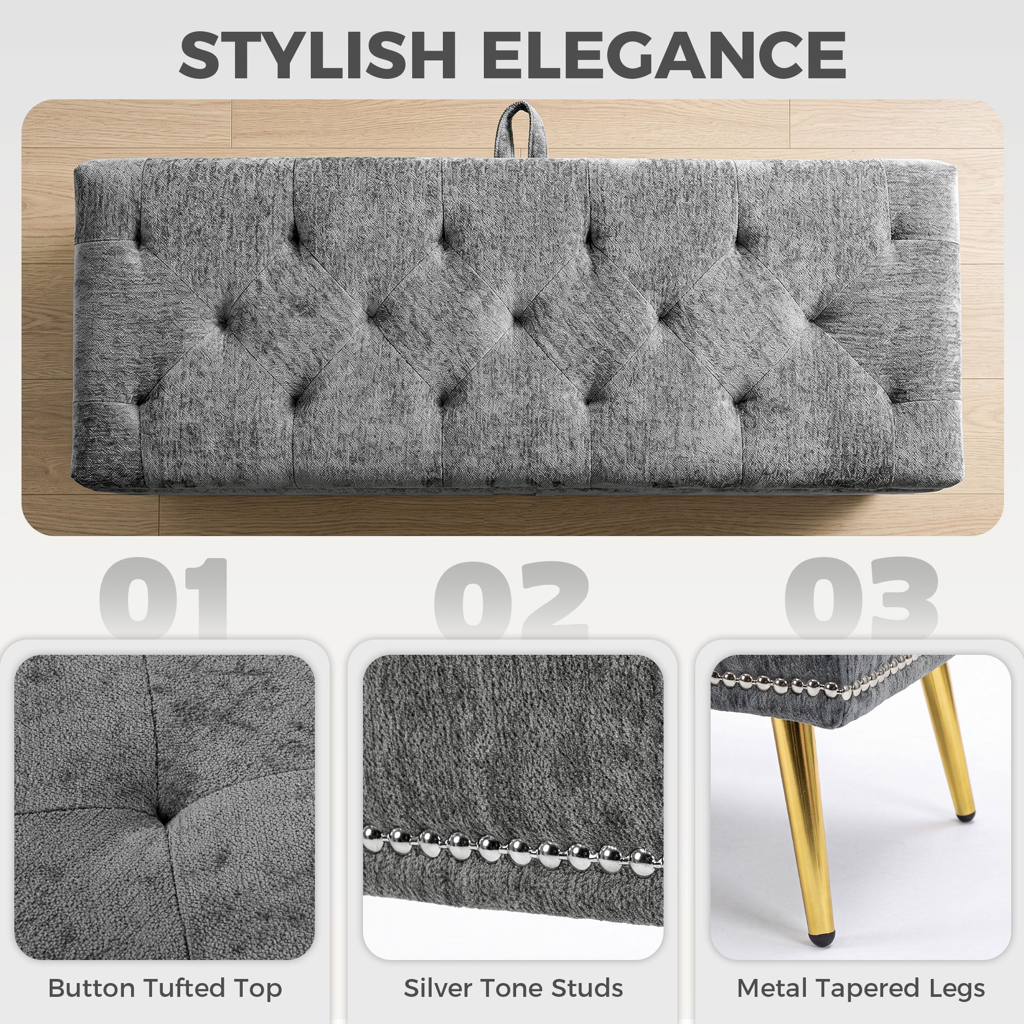 Storage Ottoman, Chenille Upholstered Ottoman Storage Box with Padded Seat, End of Bed Bench with Metal Legs for Bedroom, Hallway, Living Room, 114 x 41 x 45 cm, Grey