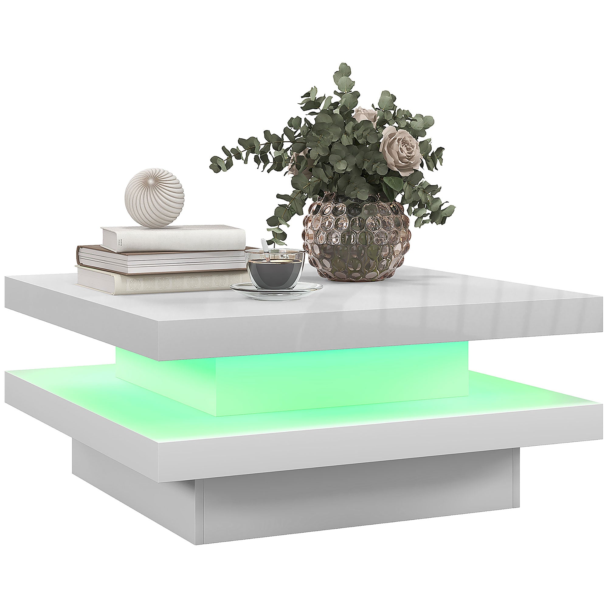 HOMCOM LED Coffee Table, 2-Tier Modern Square Center Table with 7 LED Lights and Remote Control for Living Room, White