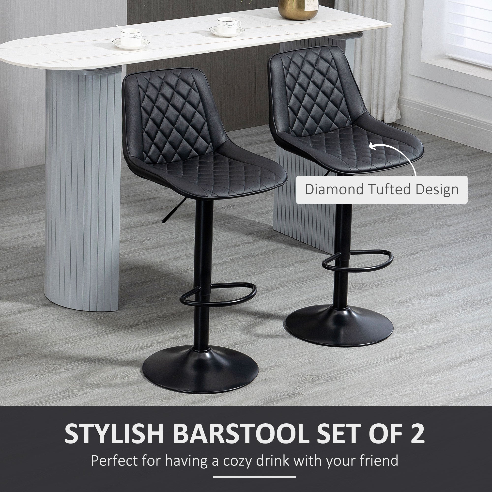 Bar Stools Set of 2, Modern Swivel Counter Height Barstools with Back, Footrest, Adjustable Height, PU Leather Bar Chairs for Kitchen Island, Dining Room, Black