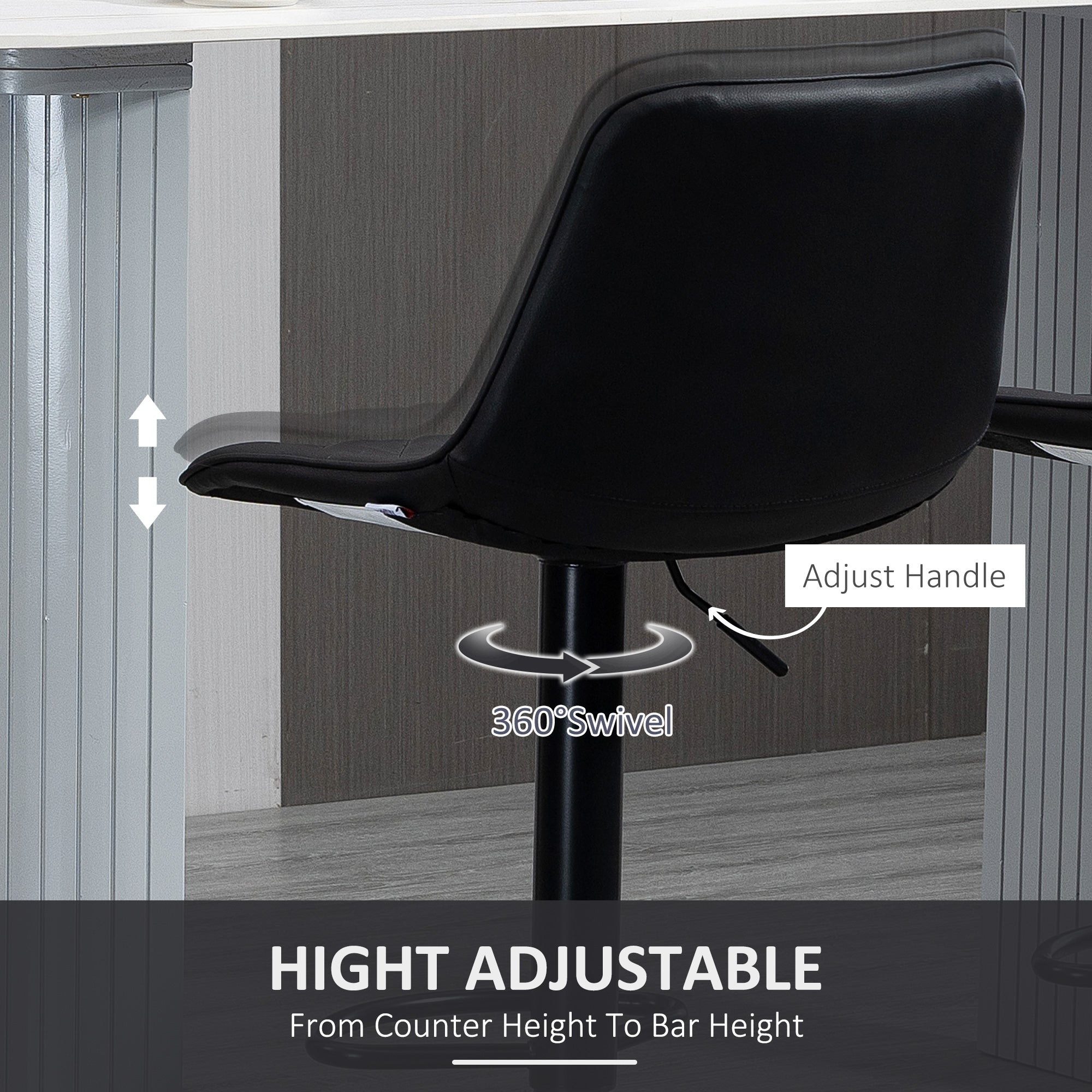 Bar Stools Set of 2, Modern Swivel Counter Height Barstools with Back, Footrest, Adjustable Height, PU Leather Bar Chairs for Kitchen Island, Dining Room, Black