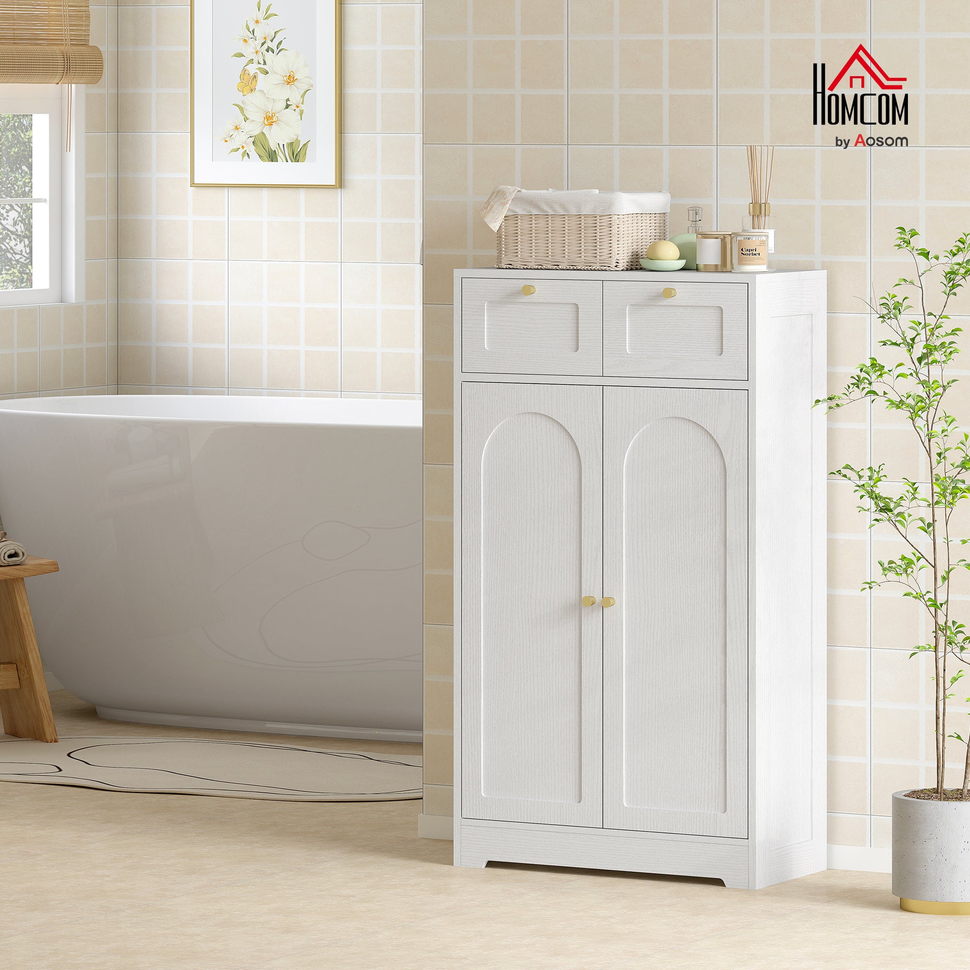 Bathroom Floor Cabinet with 2 Drawers, Freestanding Bathroom Storage Unit with Adjustable Shelf and Arched Doors, White