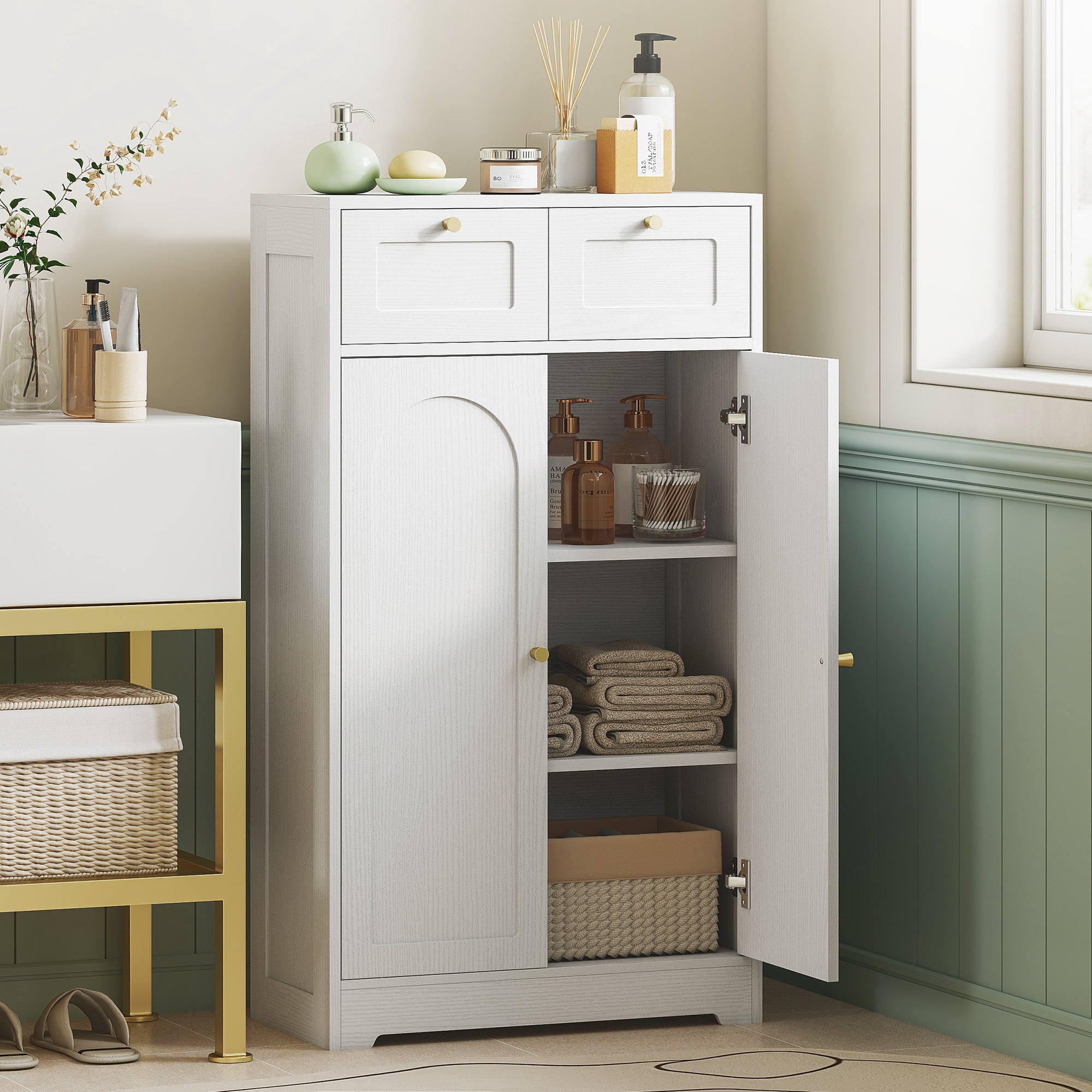 Bathroom Floor Cabinet with 2 Drawers, Freestanding Bathroom Storage Unit with Adjustable Shelf and Arched Doors, White