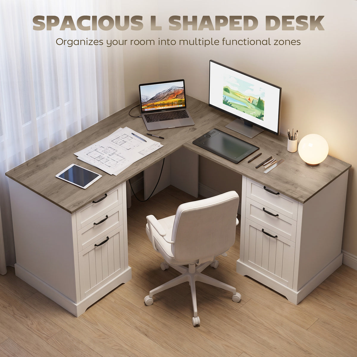 L Shaped Computer Desk with Power Outlets & USB Charging, Corner Desk with 6 Drawers, Hanging Bar for A4 and Letter Size, Study and Home Office, Brown and White