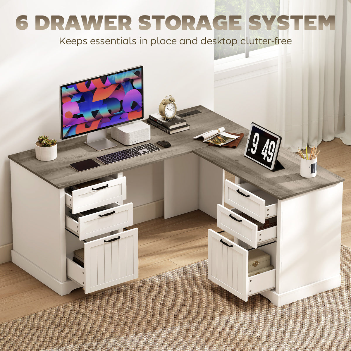 L Shaped Computer Desk with Power Outlets & USB Charging, Corner Desk with 6 Drawers, Hanging Bar for A4 and Letter Size, Study and Home Office, Brown and White