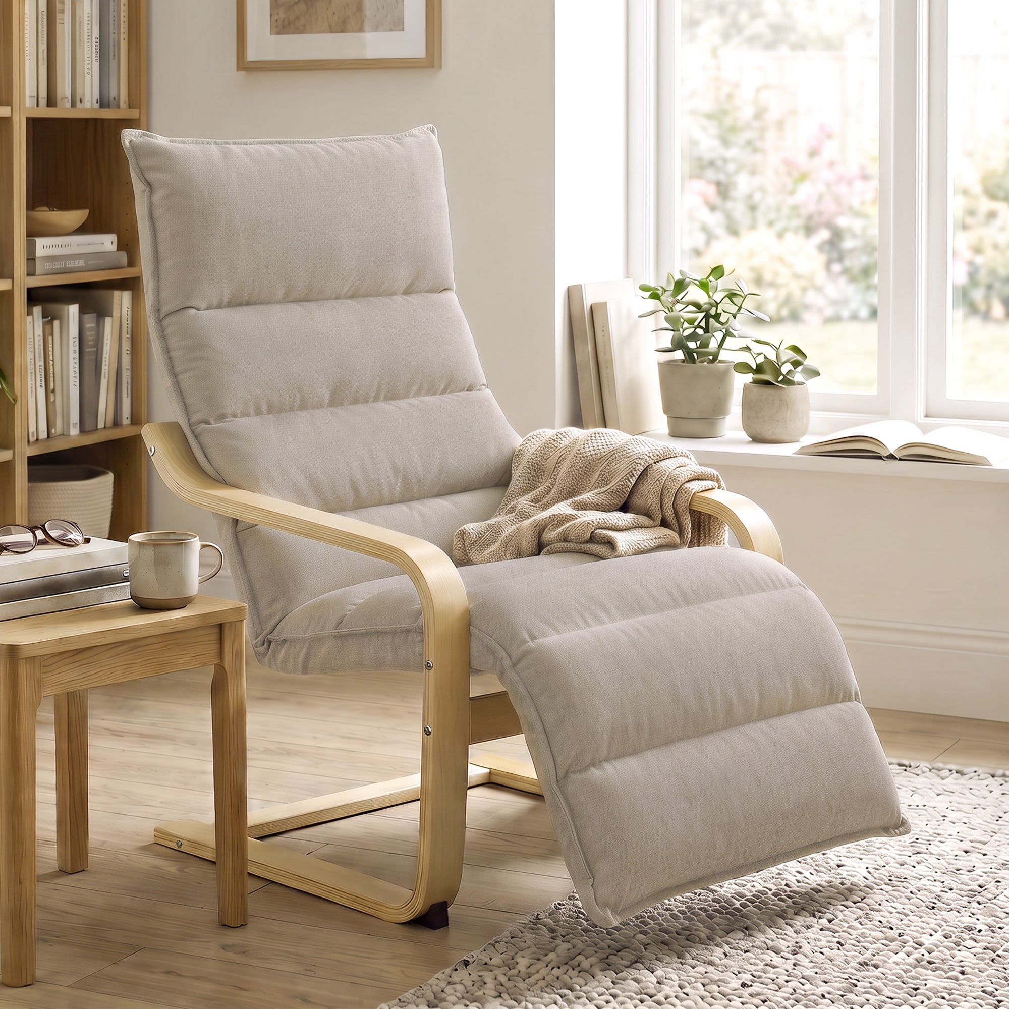 Armchair with Adjustable Footrest, Velvet Upholstered Accent Chair, Modern Poang Chair for Living Room, Bedroom, Balcony, Office, Light Brown