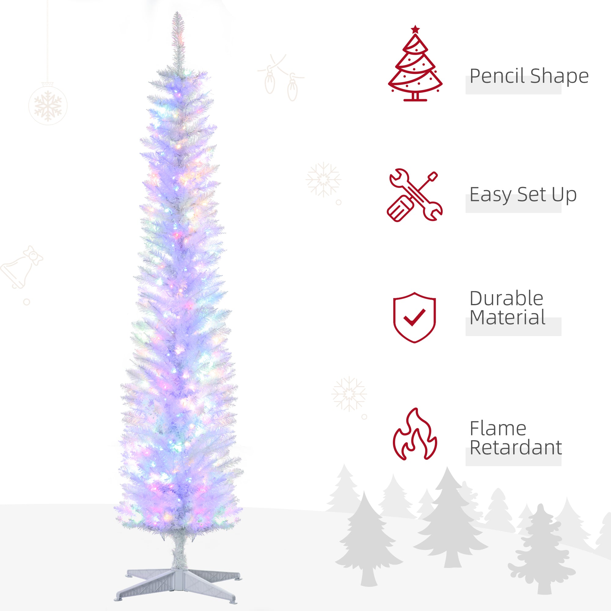 7' Prelit Christmas Trees, Pencil Artificial Christmas Tree with Colorful Surface Branches, Colorful LED Lights, White